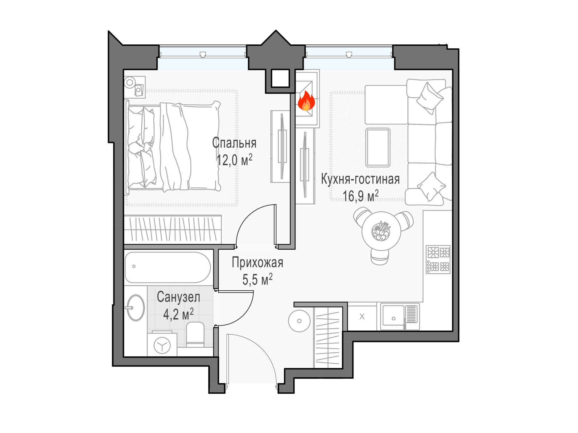 Планировка: 1-комн. квартира 39.30 м² в новостройке Дом Достижение