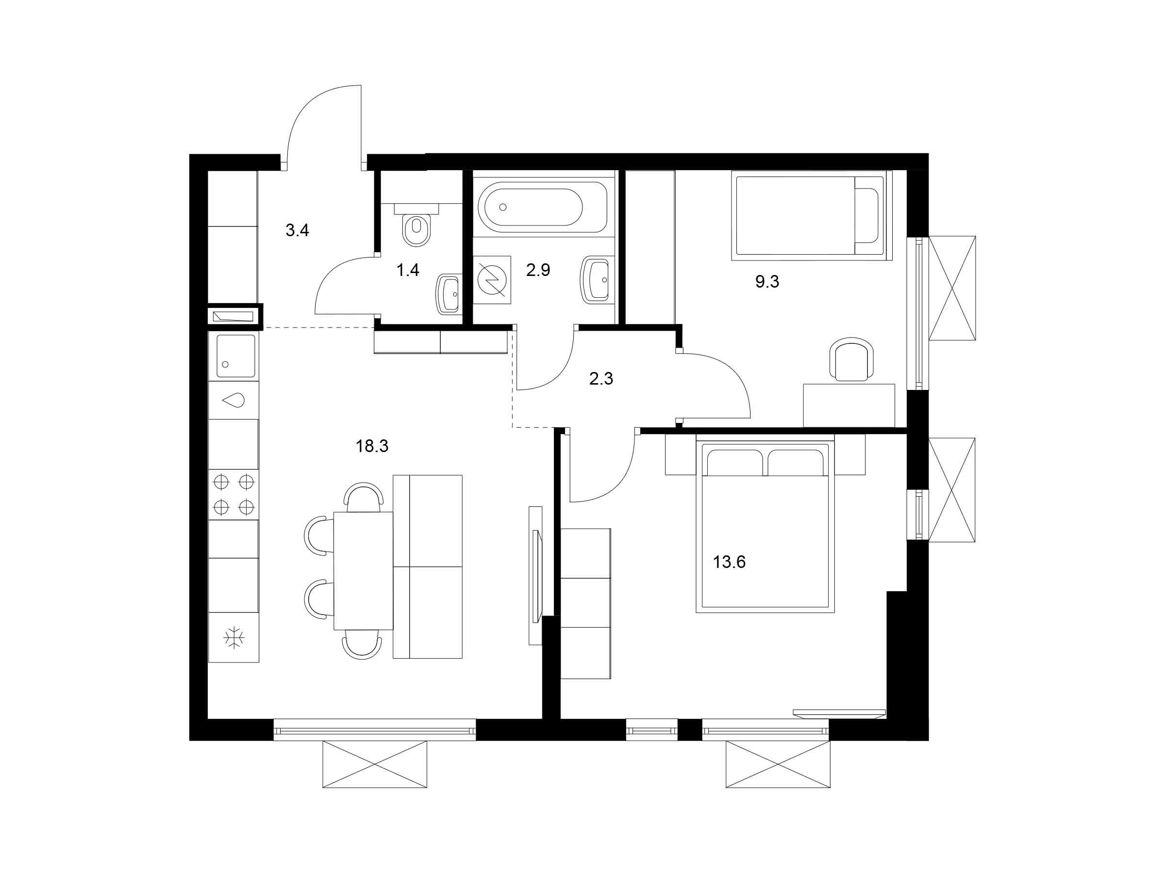 Планировка: 2-комн. квартира 51.20 м² в новостройке ЖК Яуза парк