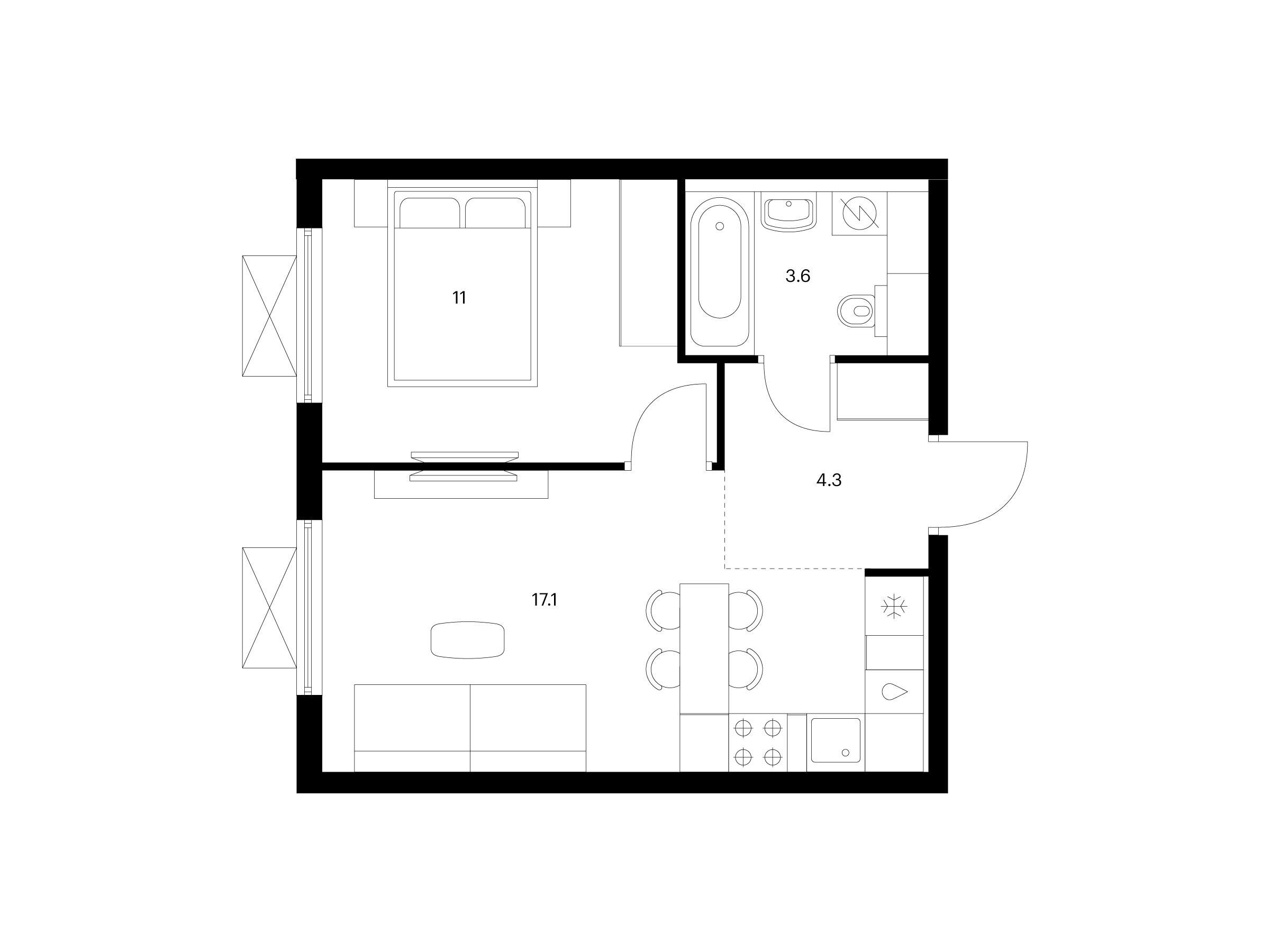 Планировка: 1-комн. квартира 36.00 м² в новостройке Яуза парк