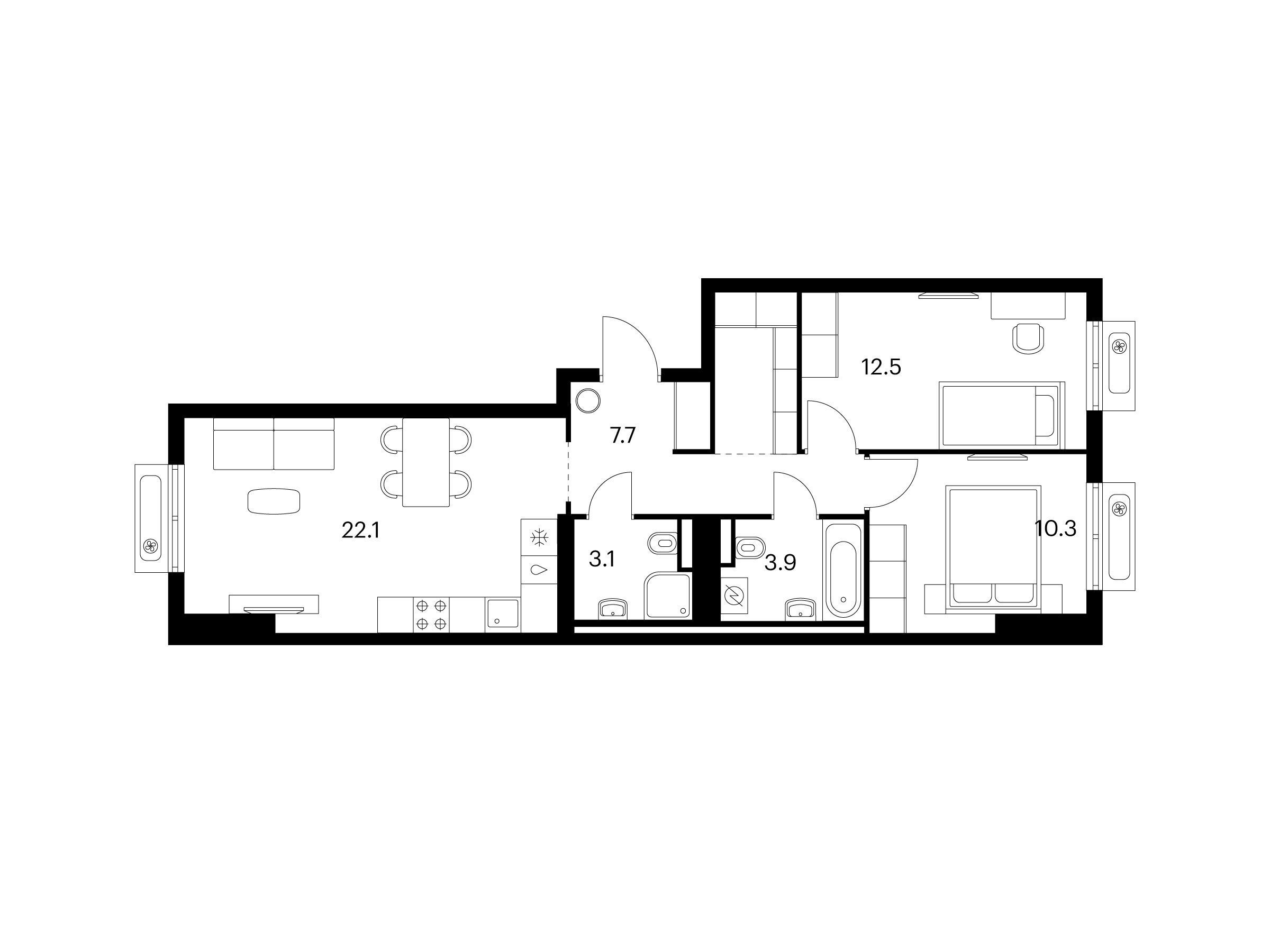 Планировка: 2-комн. квартира 63.30 м² в новостройке Восточное Бутово
