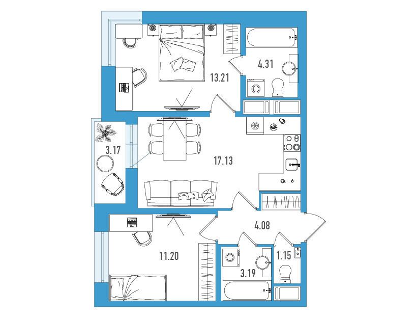 Планировка: 2-комн. квартира 55.86 м² в новостройке ЖК Искра Сити