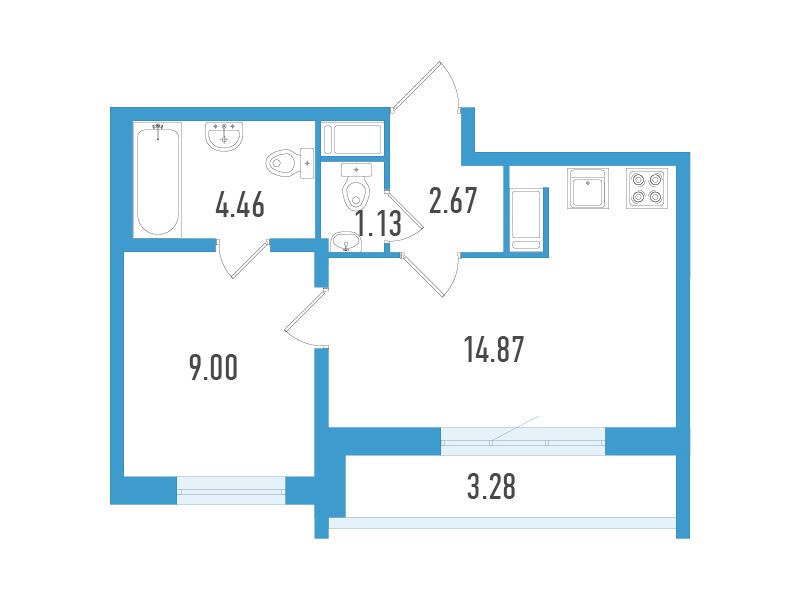 Планировка: 1-комн. квартира 33.11 м² в новостройке Южный форт