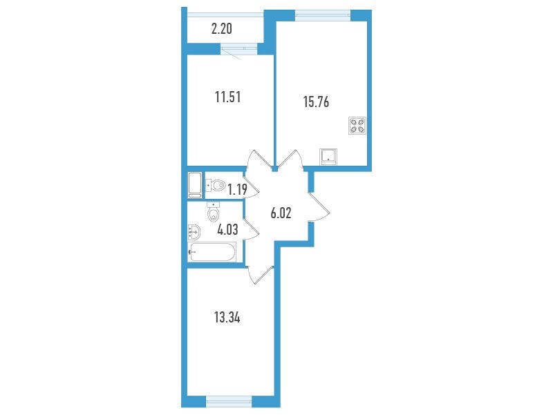 Планировка: 2-комн. квартира 52.51 м² в новостройке Южный форт
