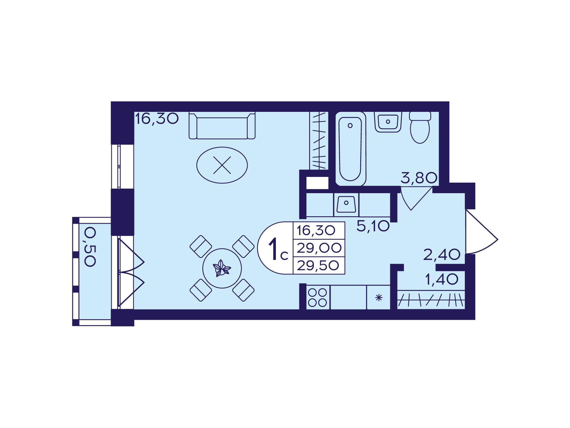Планировка: Студия 29.50 м² в новостройке Героев