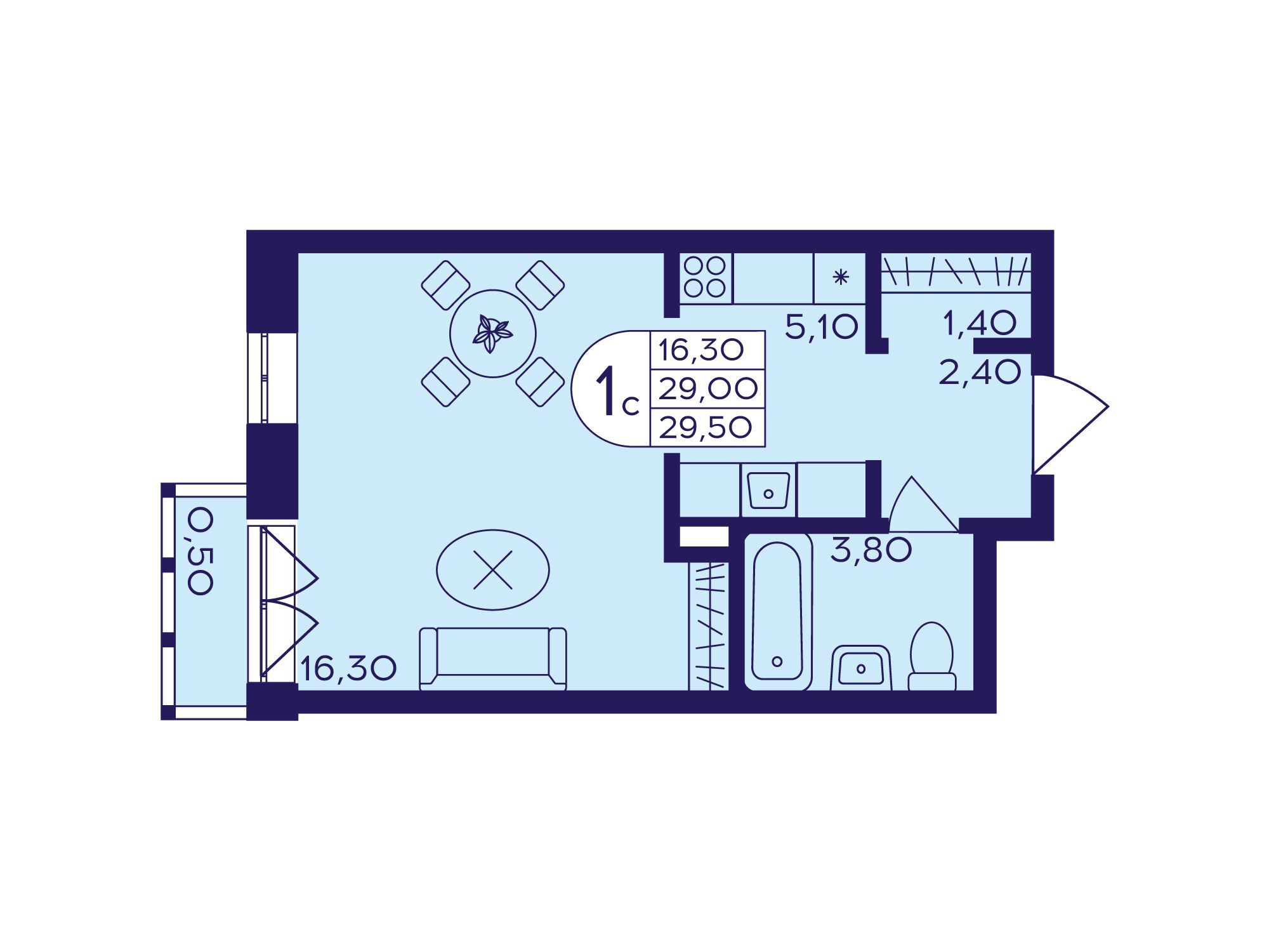 Планировка: Студия 29.50 м² в новостройке Героев