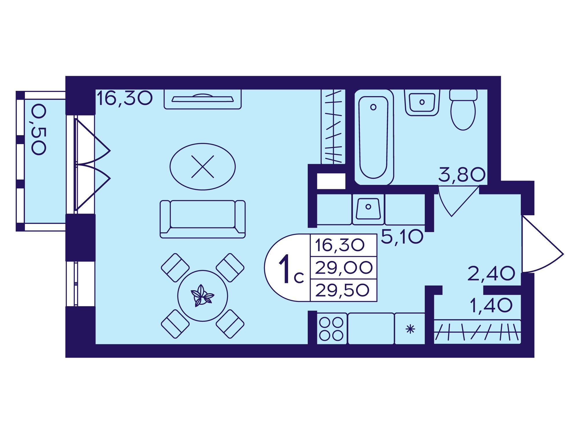 Планировка: Студия 29.50 м² в новостройке Героев