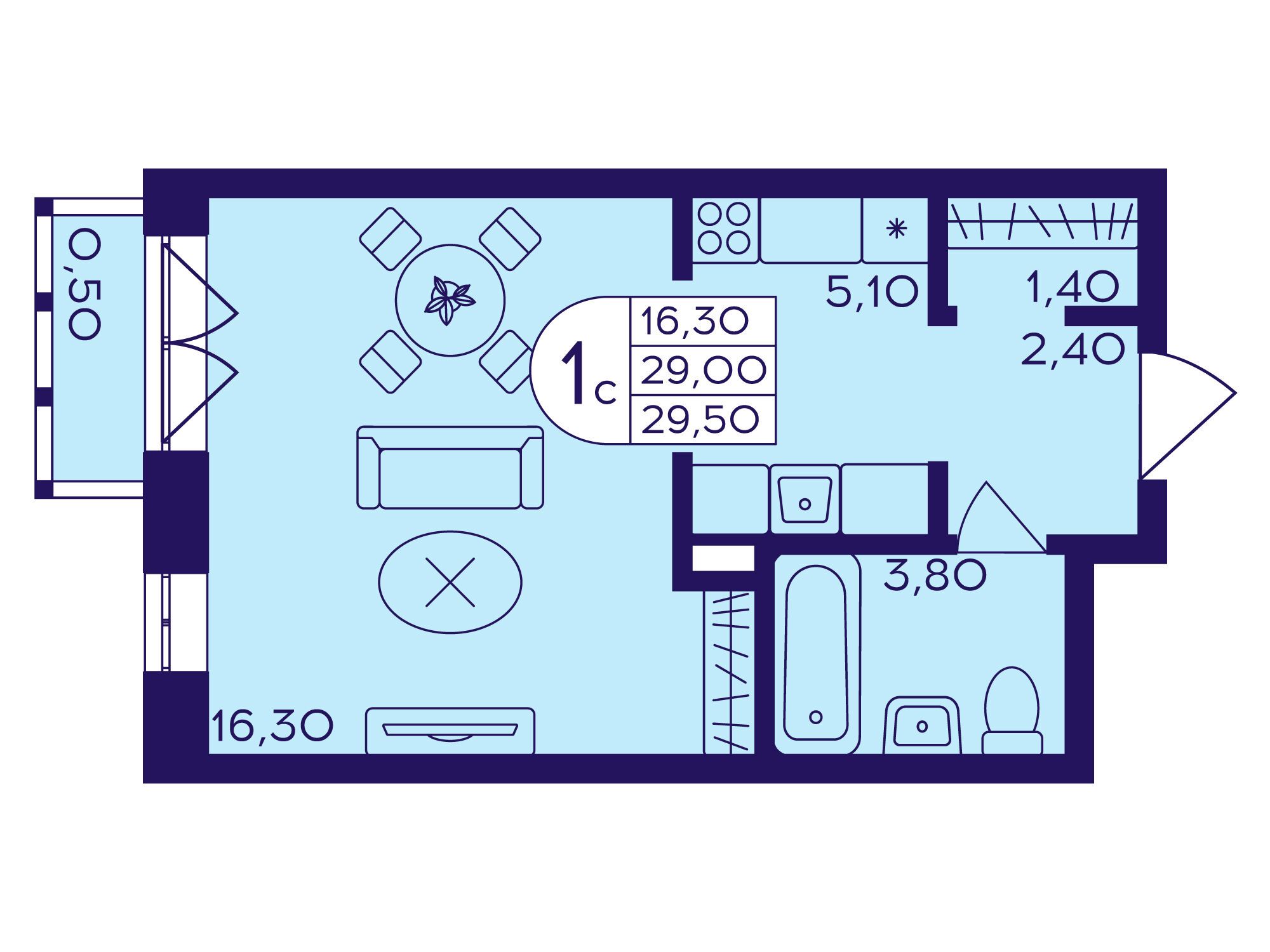 Планировка: Студия 29.50 м² в новостройке Героев