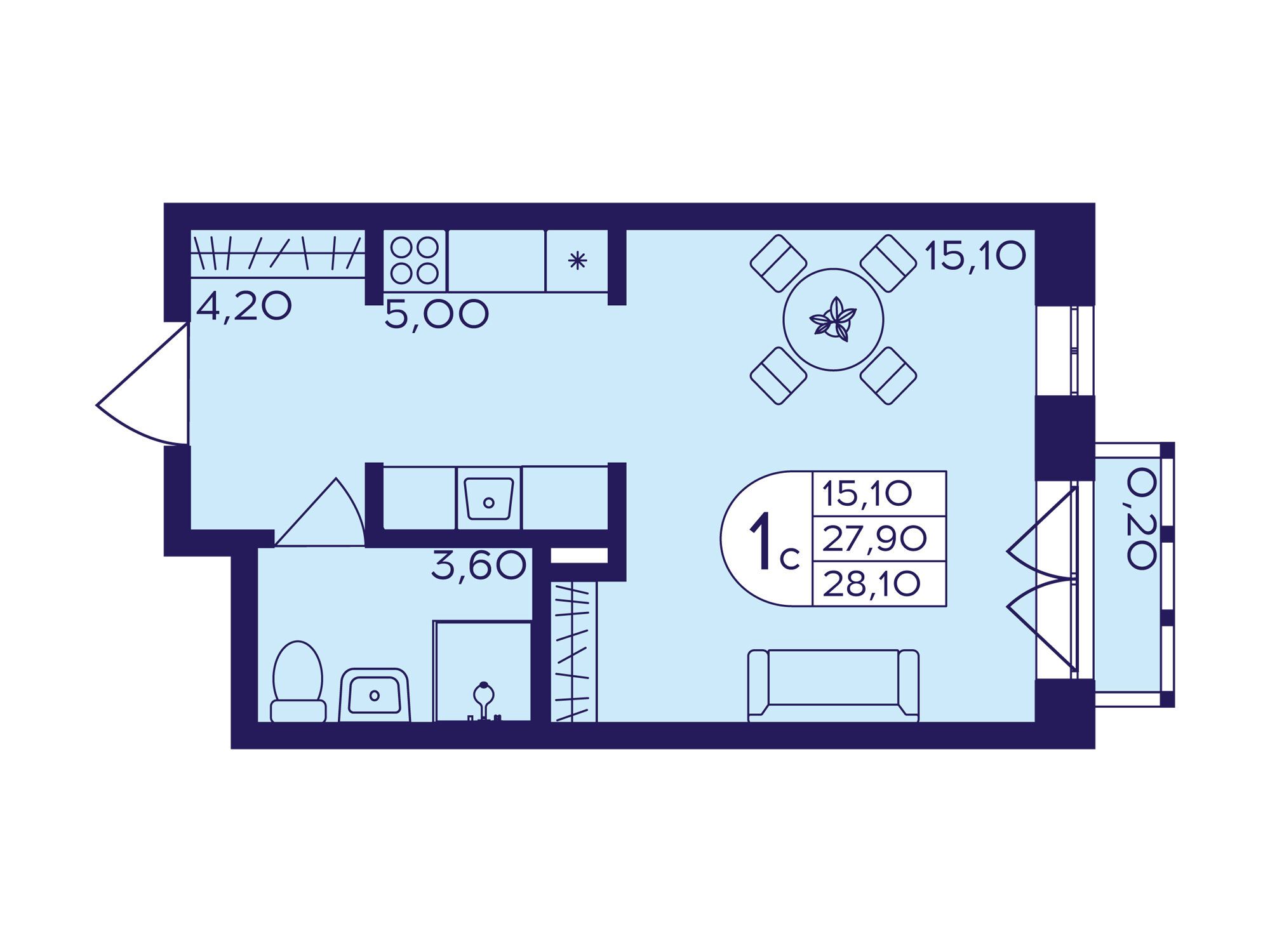 Планировка: Студия 28.10 м² в новостройке Героев