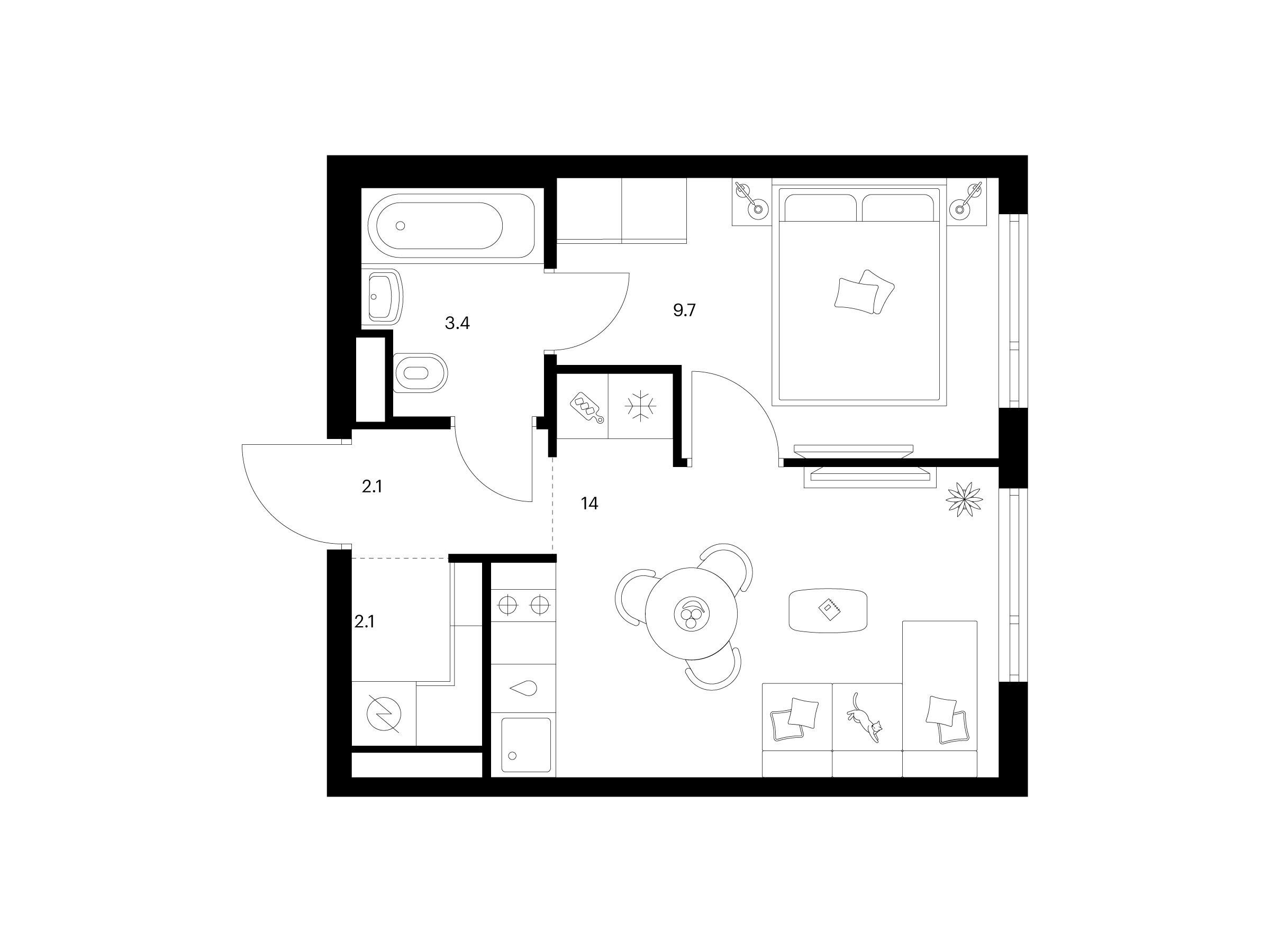 Планировка: 1-комн. квартира 31.30 м² в новостройке Руставели 14