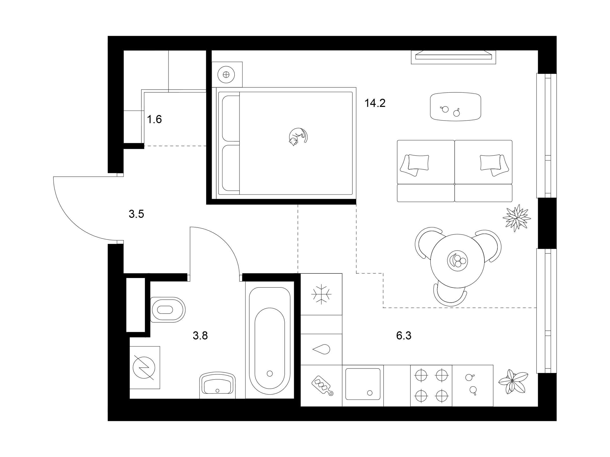 Планировка: 1-комн. квартира 29.40 м² в новостройке Руставели 14