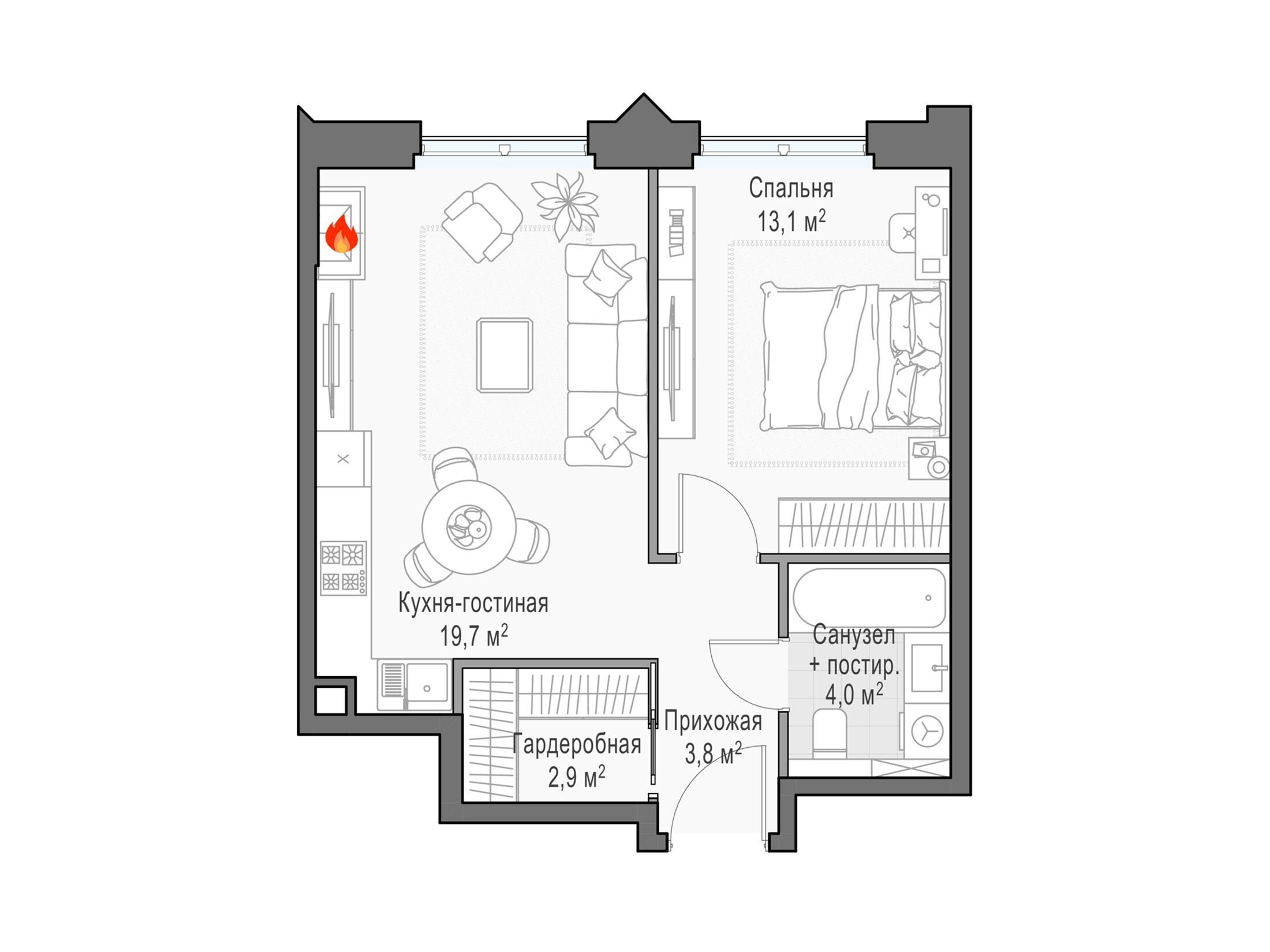 Планировка: 1-комн. квартира 44.30 м² в новостройке Дом Достижение