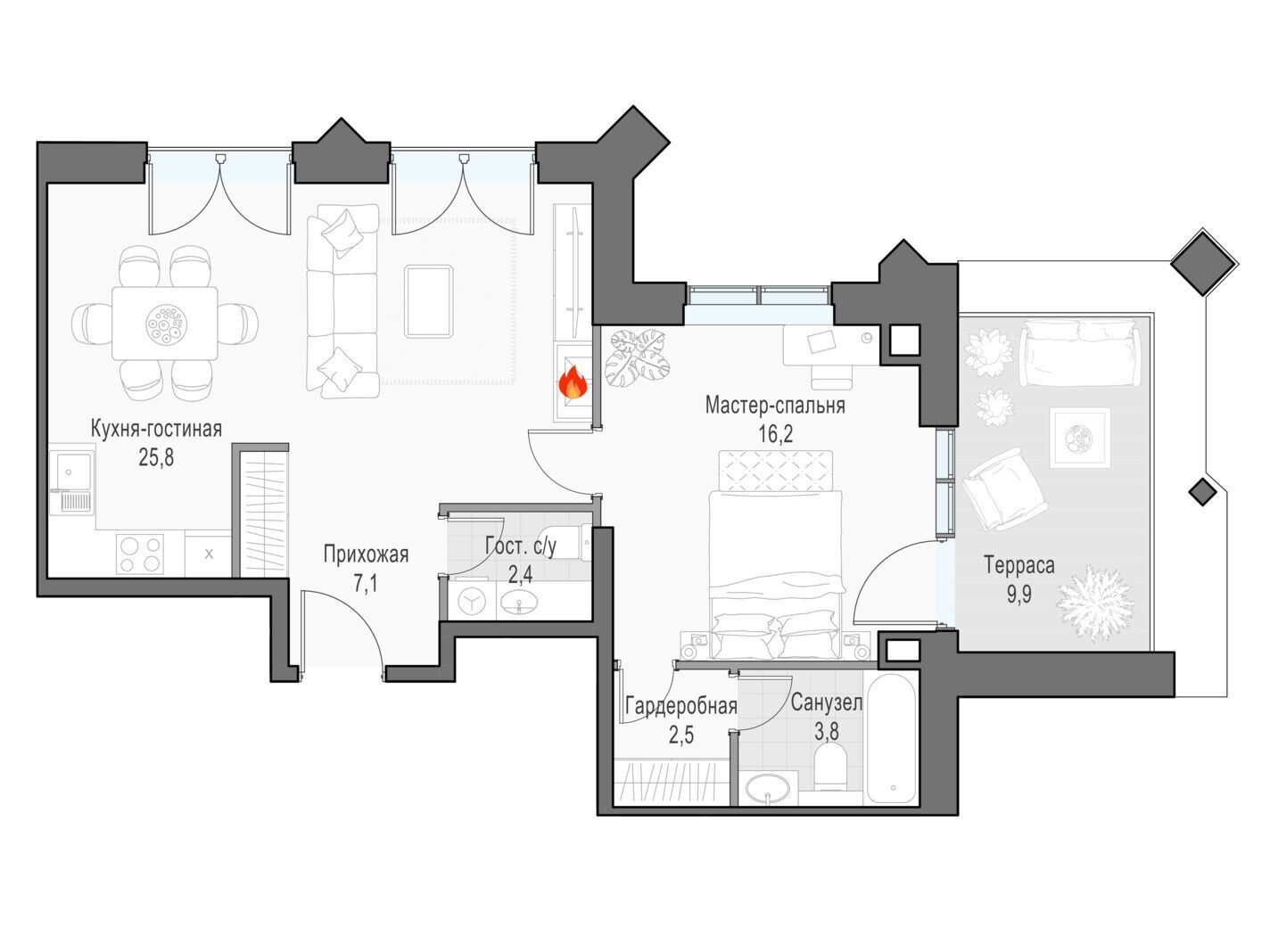 Планировка: 1-комн. квартира 62.30 м² в новостройке Дом Достижение