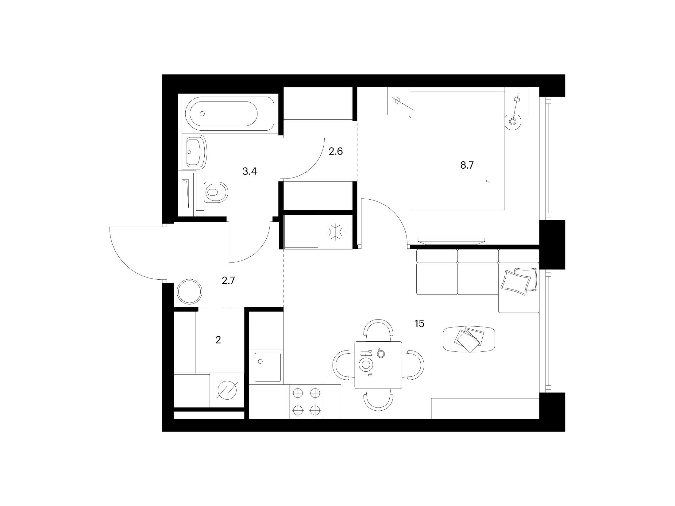 Планировка: 1-комн. квартира 34.40 м² в новостройке Бусиновский парк
