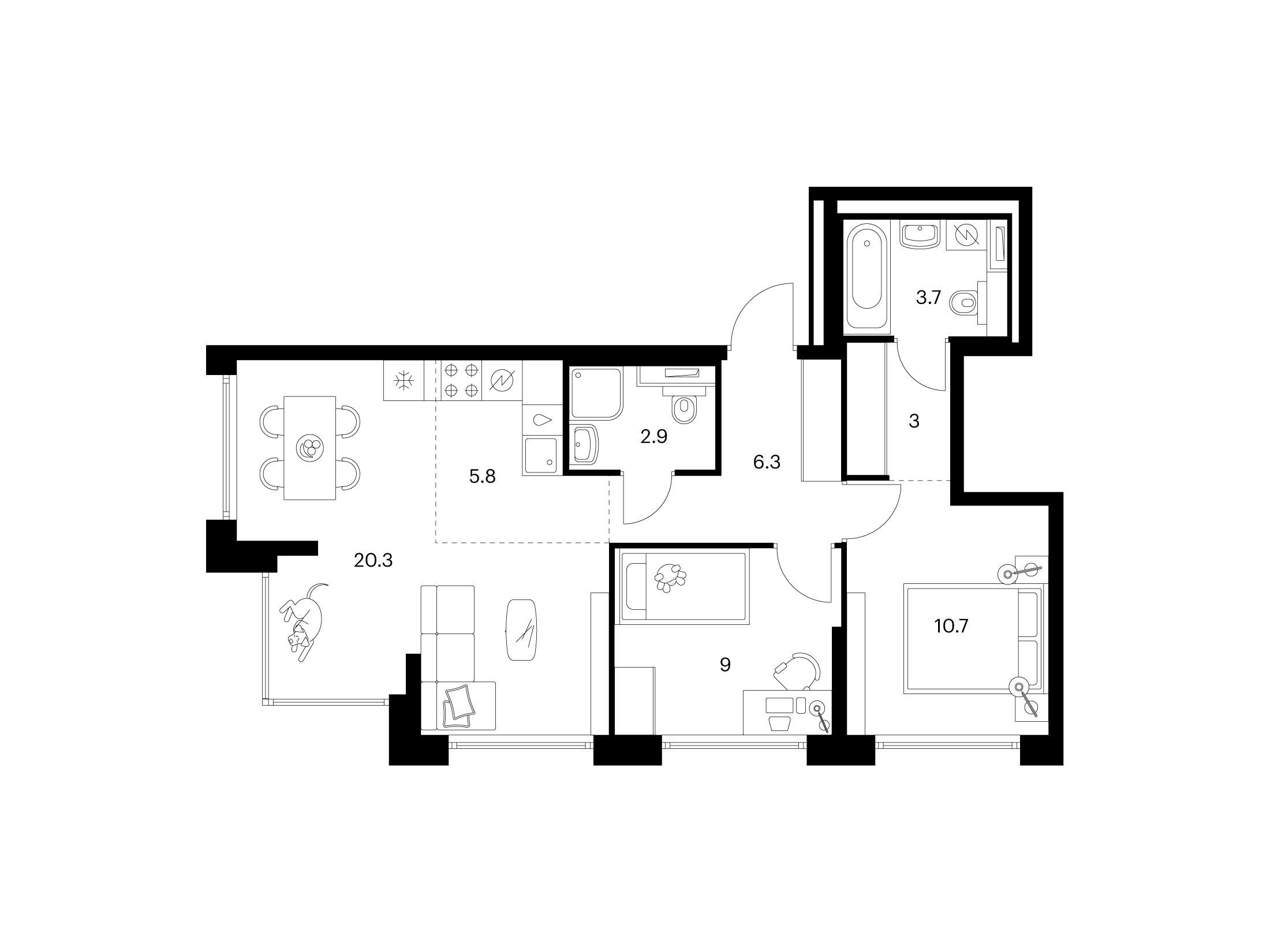 Планировка: 2-комн. квартира 61.70 м² в новостройке Бусиновский парк