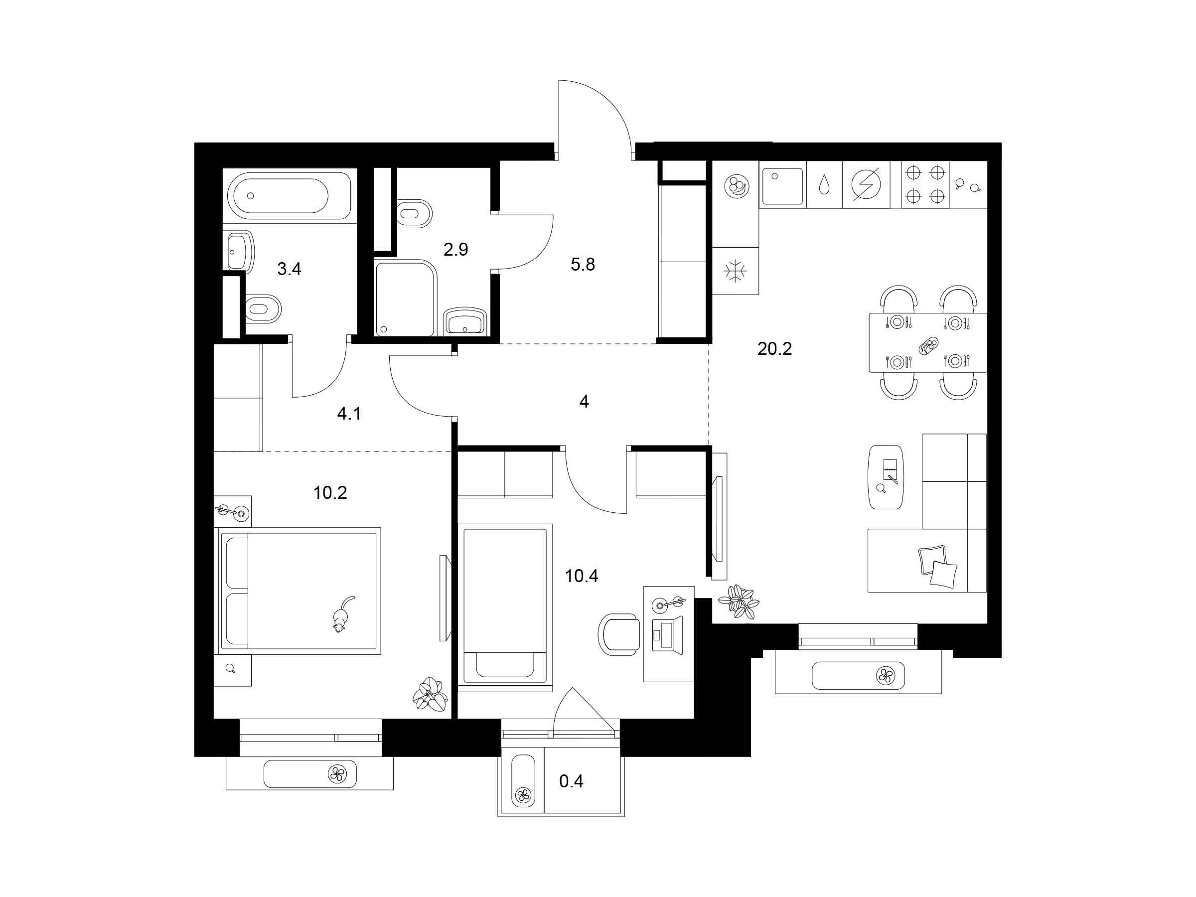 Планировка: 2-комн. квартира 61.40 м² в новостройке ЖК Лосиноостровский парк