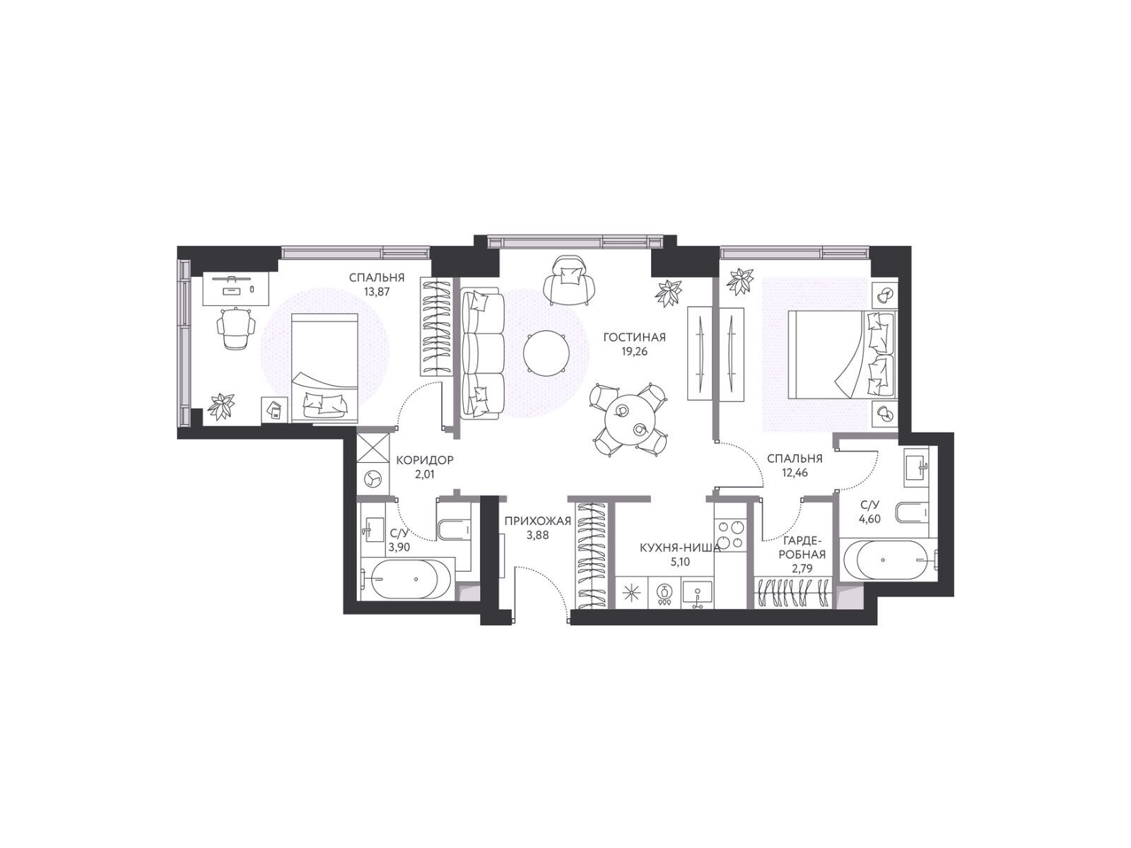 Планировка: 2-комн. квартира 68.70 м² в новостройке Хайд
