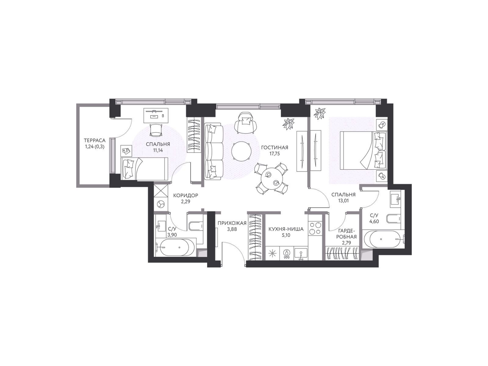 Планировка: 2-комн. квартира 66.60 м² в новостройке Хайд