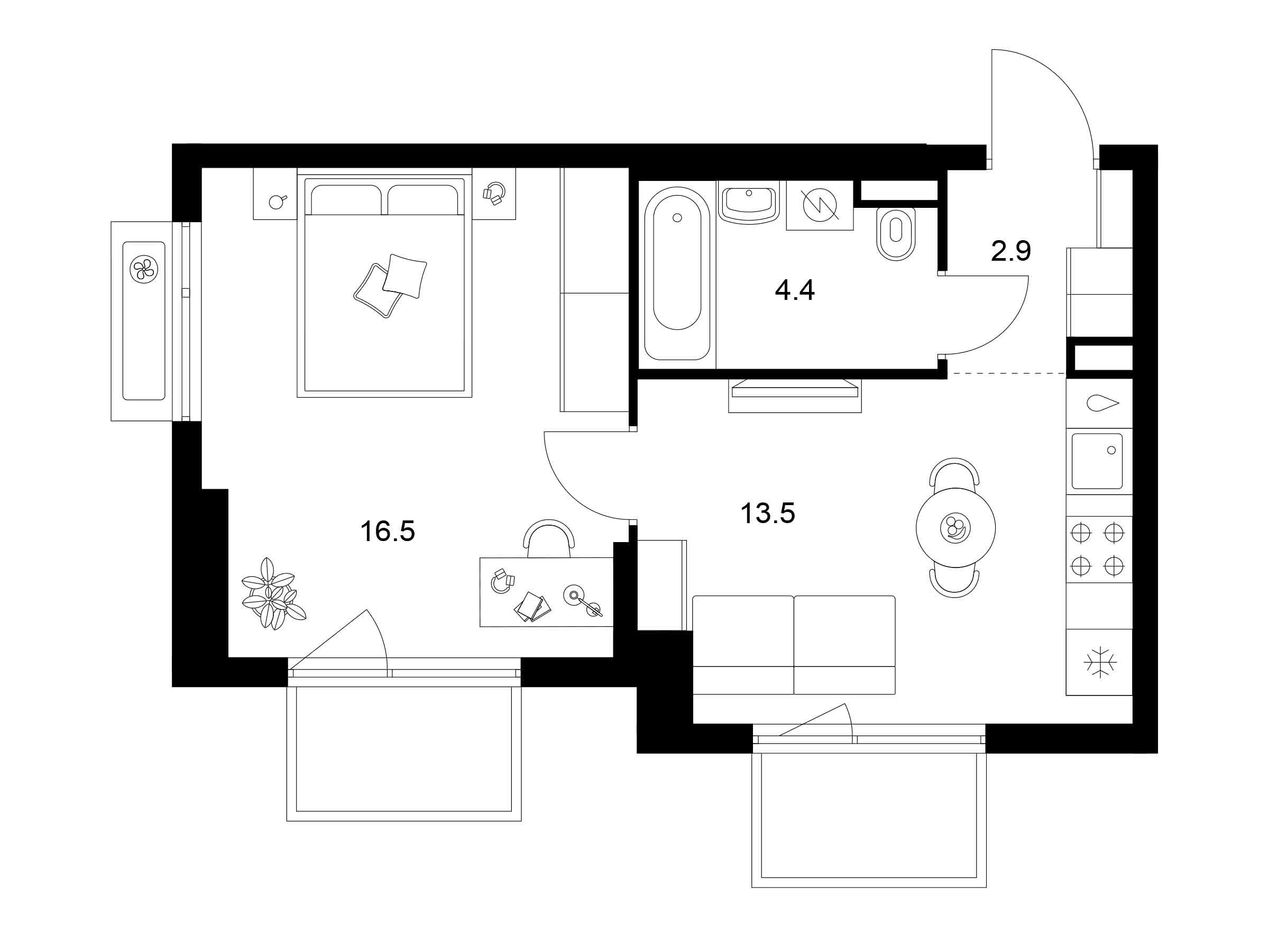 Планировка: 1-комн. квартира 38.90 м² в новостройке Середневский лес