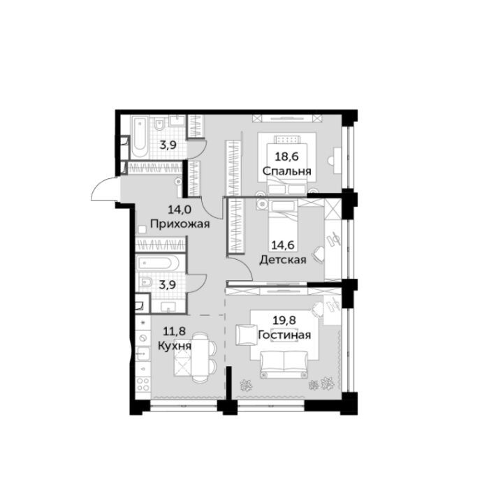 Планировка: 3-комн. квартира 86.60 м² в новостройке Сидней Сити