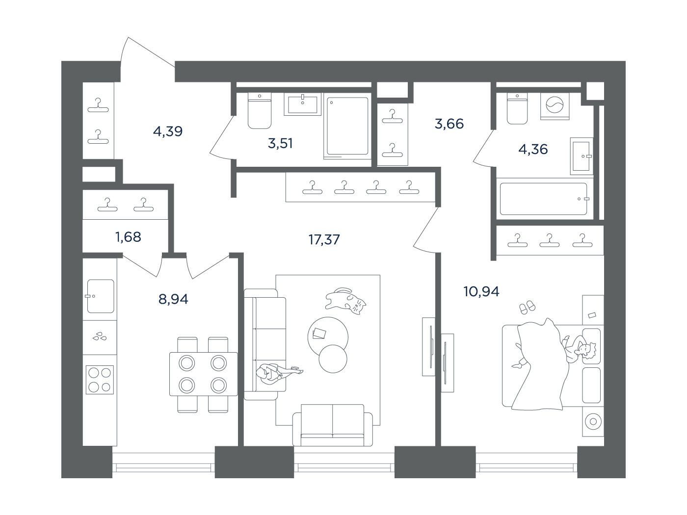 Планировка: 2-комн. квартира 54.85 м² в новостройке ЖК Ультима cити
