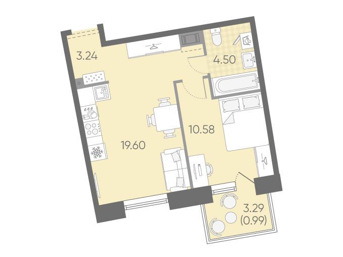 Планировка: 1-комн. квартира 38.91 м² в новостройке Бульвар Грина