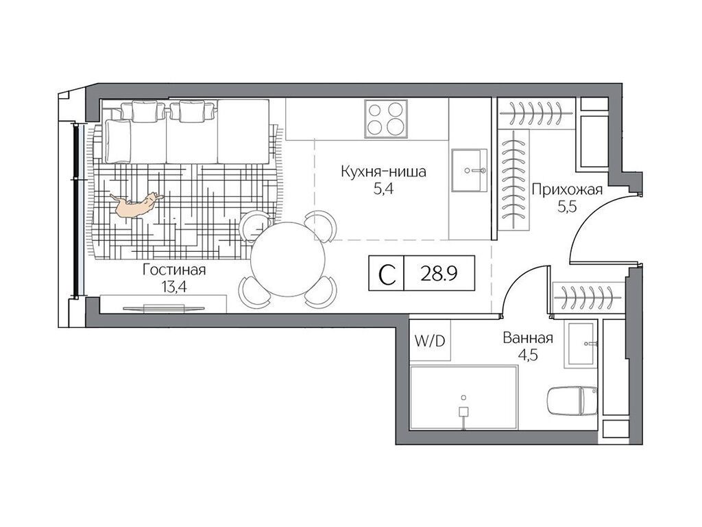 Планировка: Студия 28.00 м² в новостройке ЖК Дрим Рива