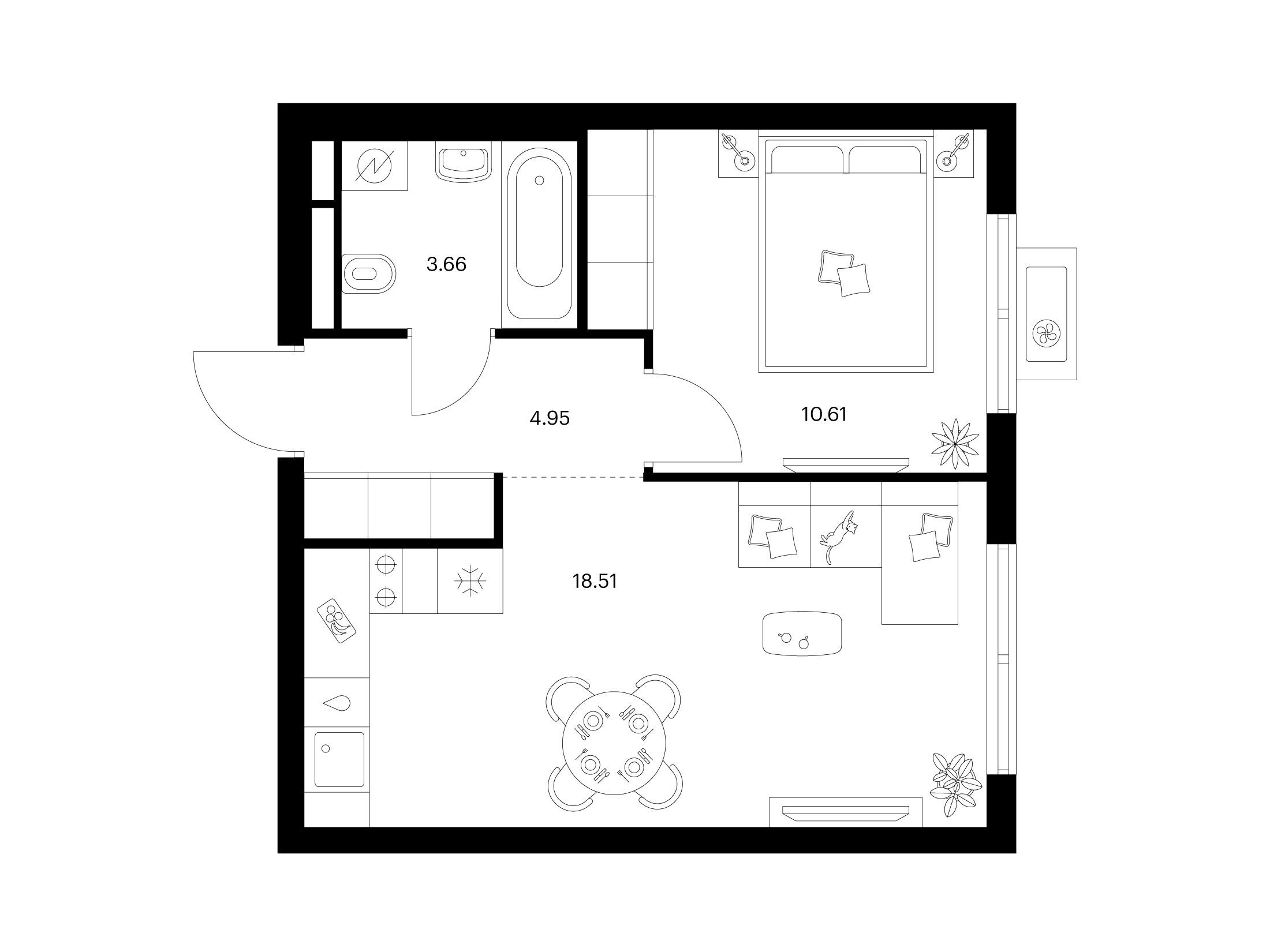 Планировка: 1-комн. квартира 37.73 м² в новостройке Заречный парк