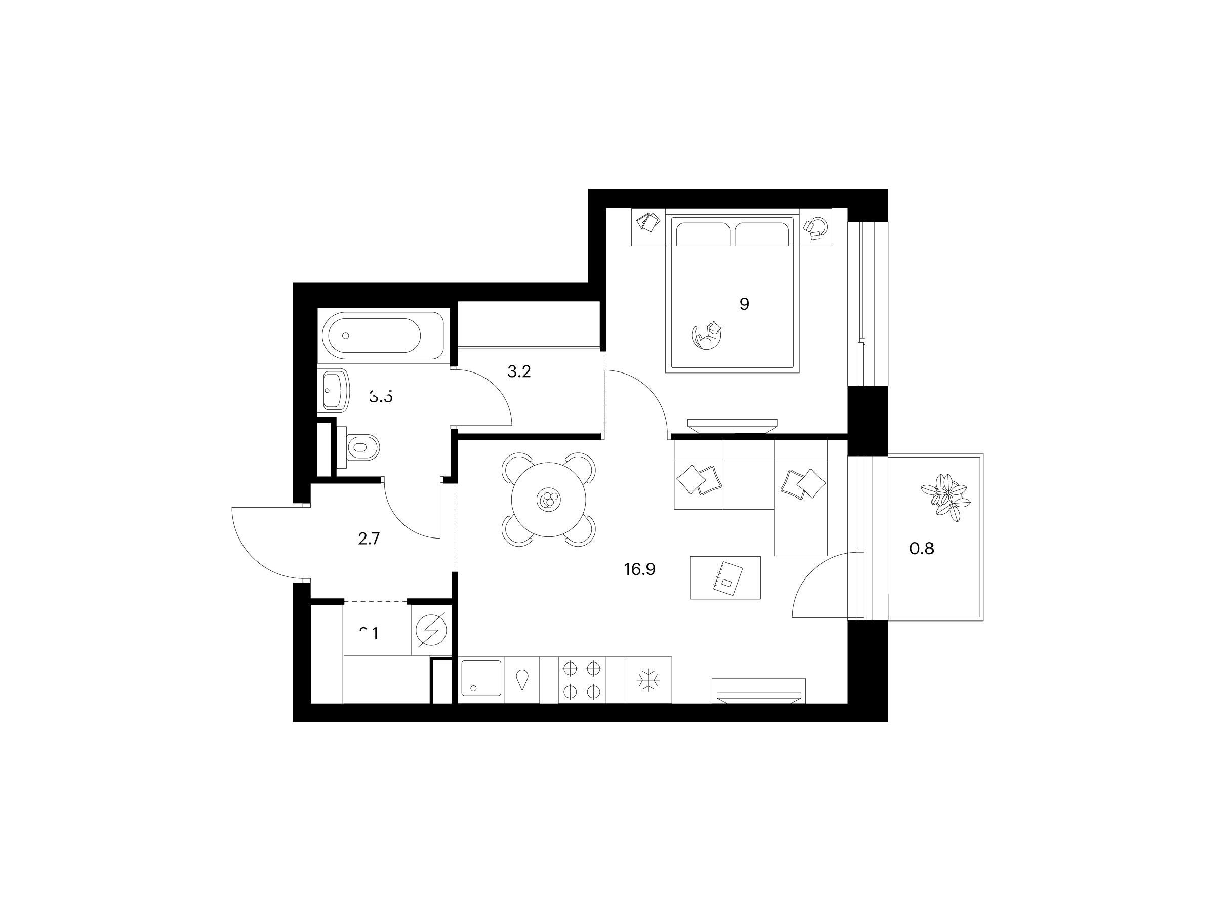 Планировка: 1-комн. квартира 38.20 м² в новостройке Зелёный парк