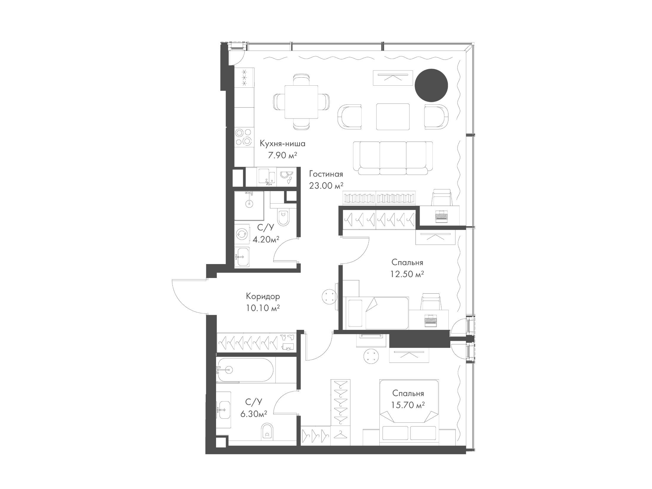 Планировка: 2-комн. квартира 79.70 м² в новостройке Слава
