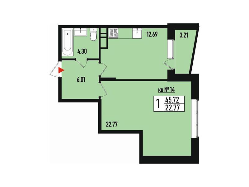 Планировка: 1-комн. квартира 45.00 м² в новостройке Борисоглебское