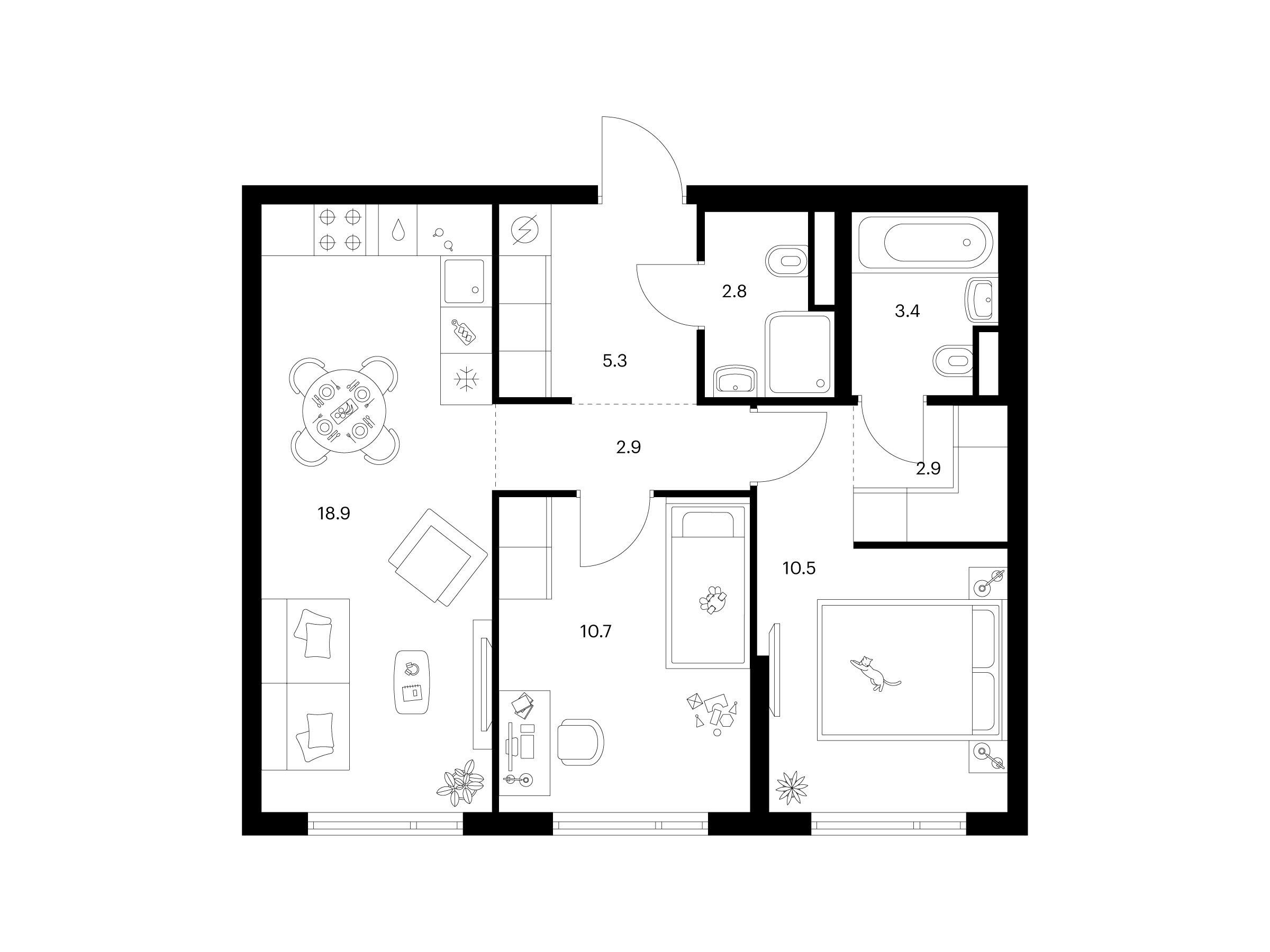 Планировка: 2-комн. квартира 57.40 м² в новостройке Руставели 14