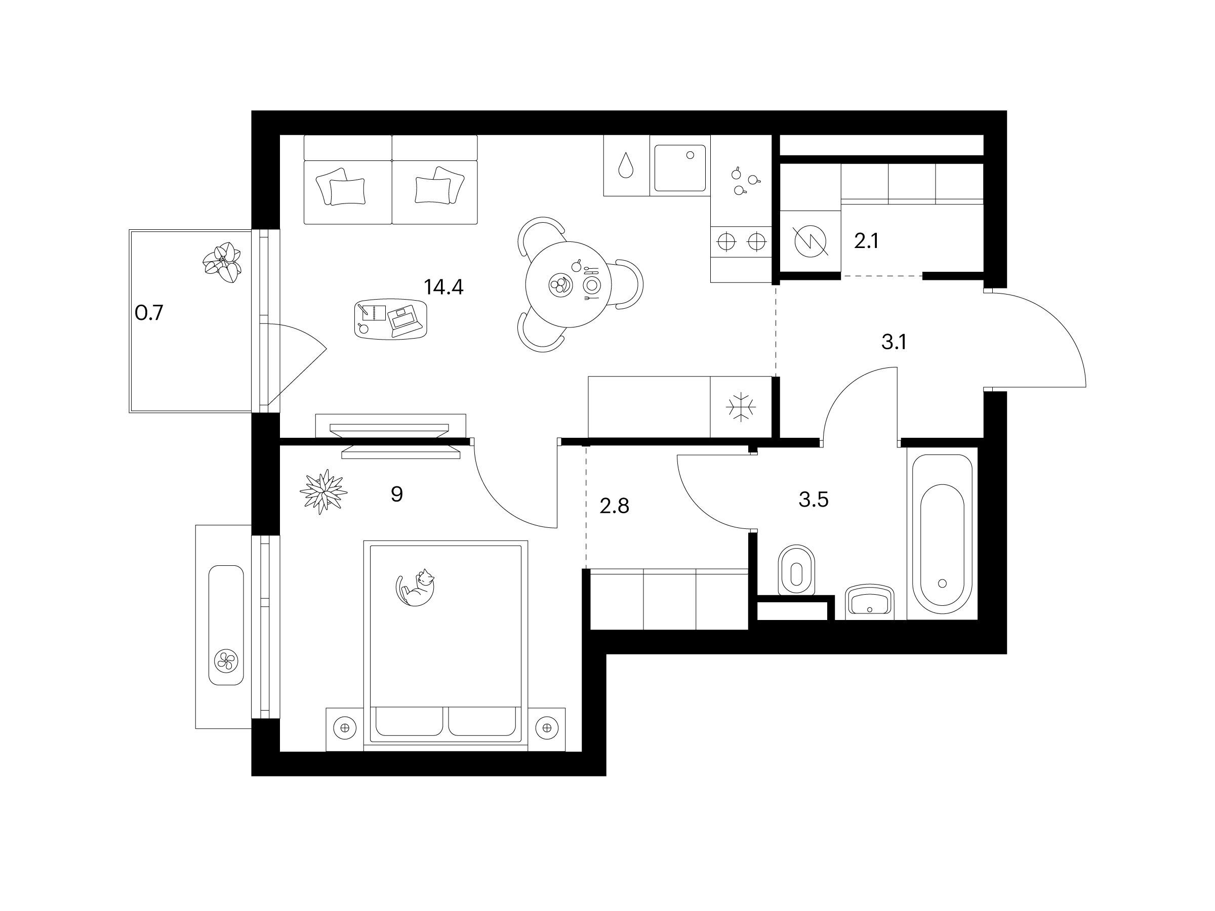 Планировка: 1-комн. квартира 35.60 м² в новостройке Середневский лес