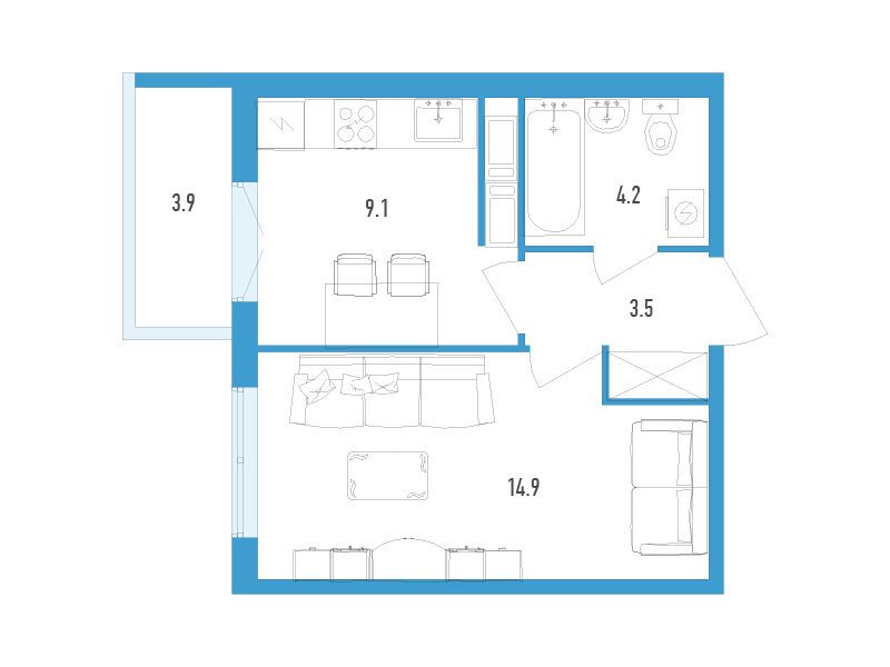 Планировка: 1-комн. квартира 32.90 м² в новостройке Аэросити