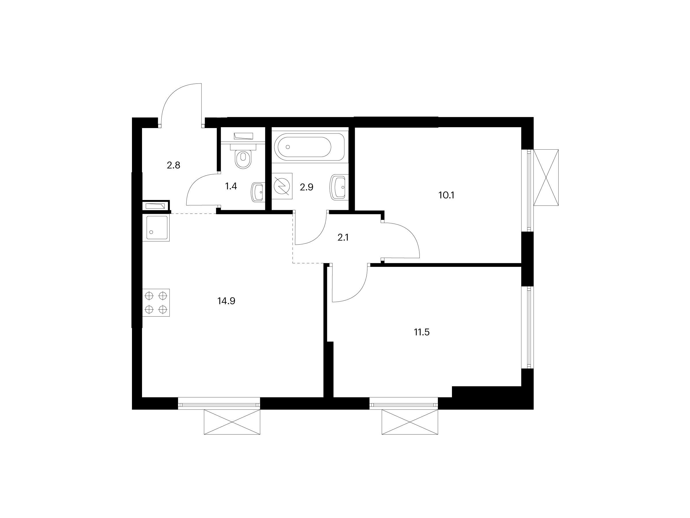 Планировка: 2-комн. квартира 45.70 м² в новостройке ЖК Кузьминский лес
