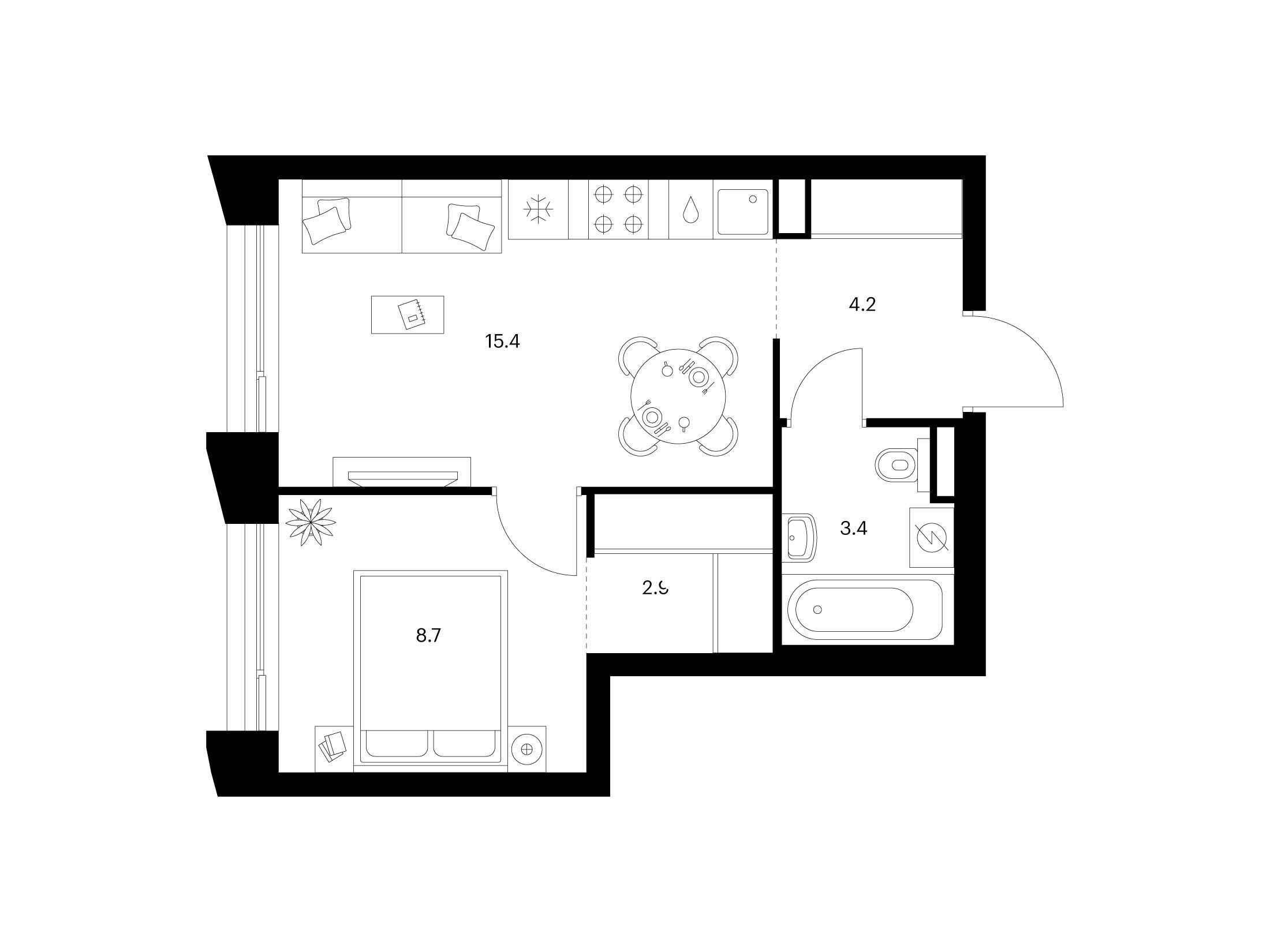 Планировка: 1-комн. квартира 37.00 м² в новостройке Зелёный парк