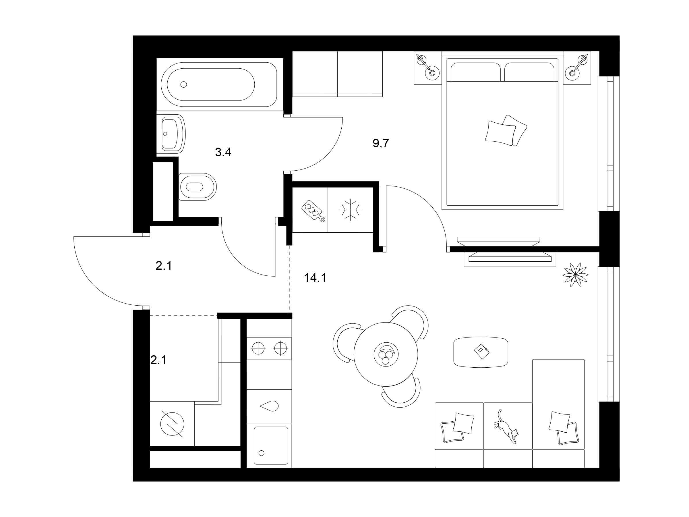 Планировка: 1-комн. квартира 31.40 м² в новостройке Руставели 14