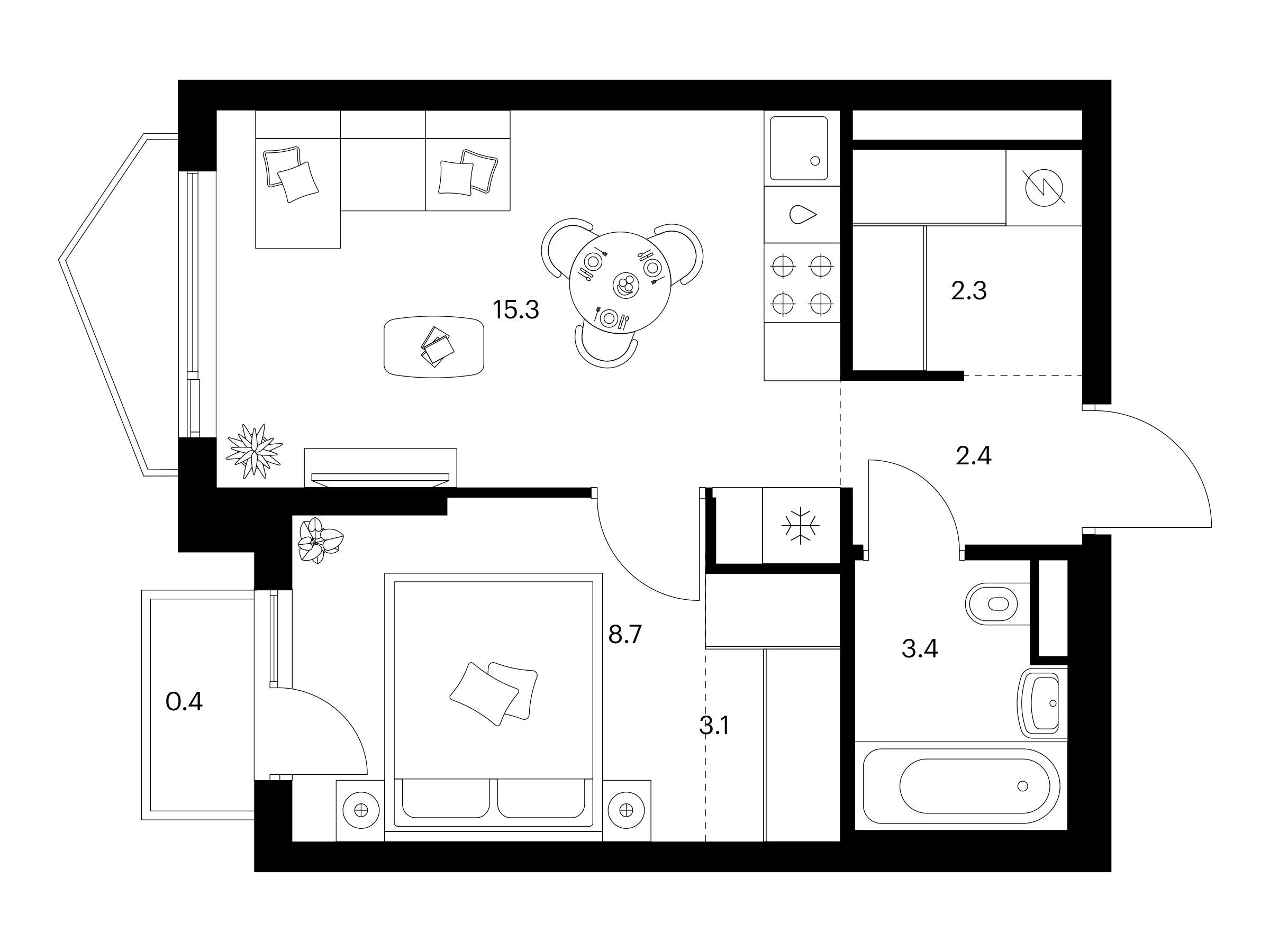 Планировка: 1-комн. квартира 35.60 м² в новостройке Мичуринский парк