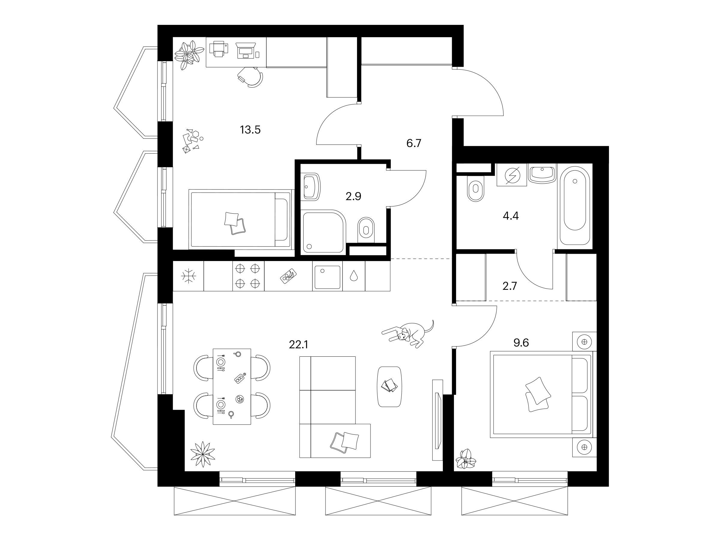 Планировка: 2-комн. квартира 61.90 м² в новостройке ЖК Мичуринский парк