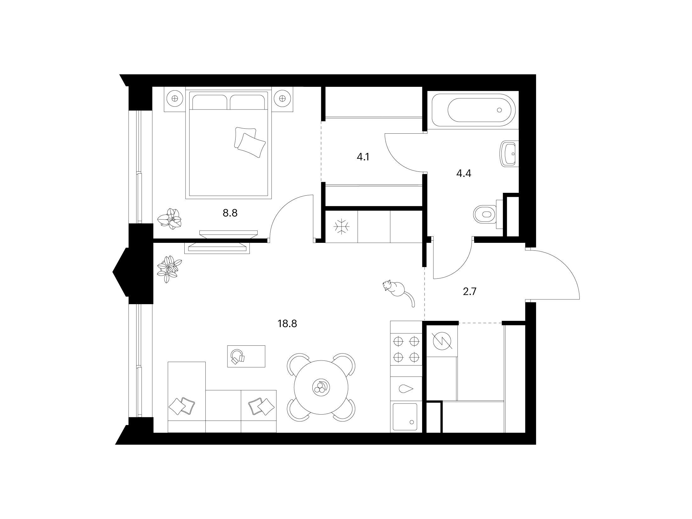 Планировка: 1-комн. квартира 42.30 м² в новостройке Матвеевский парк