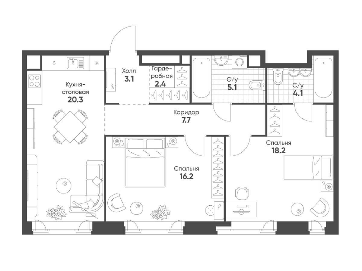Планировка: 2-комн. квартира 77.10 м² в новостройке Мариин Парк