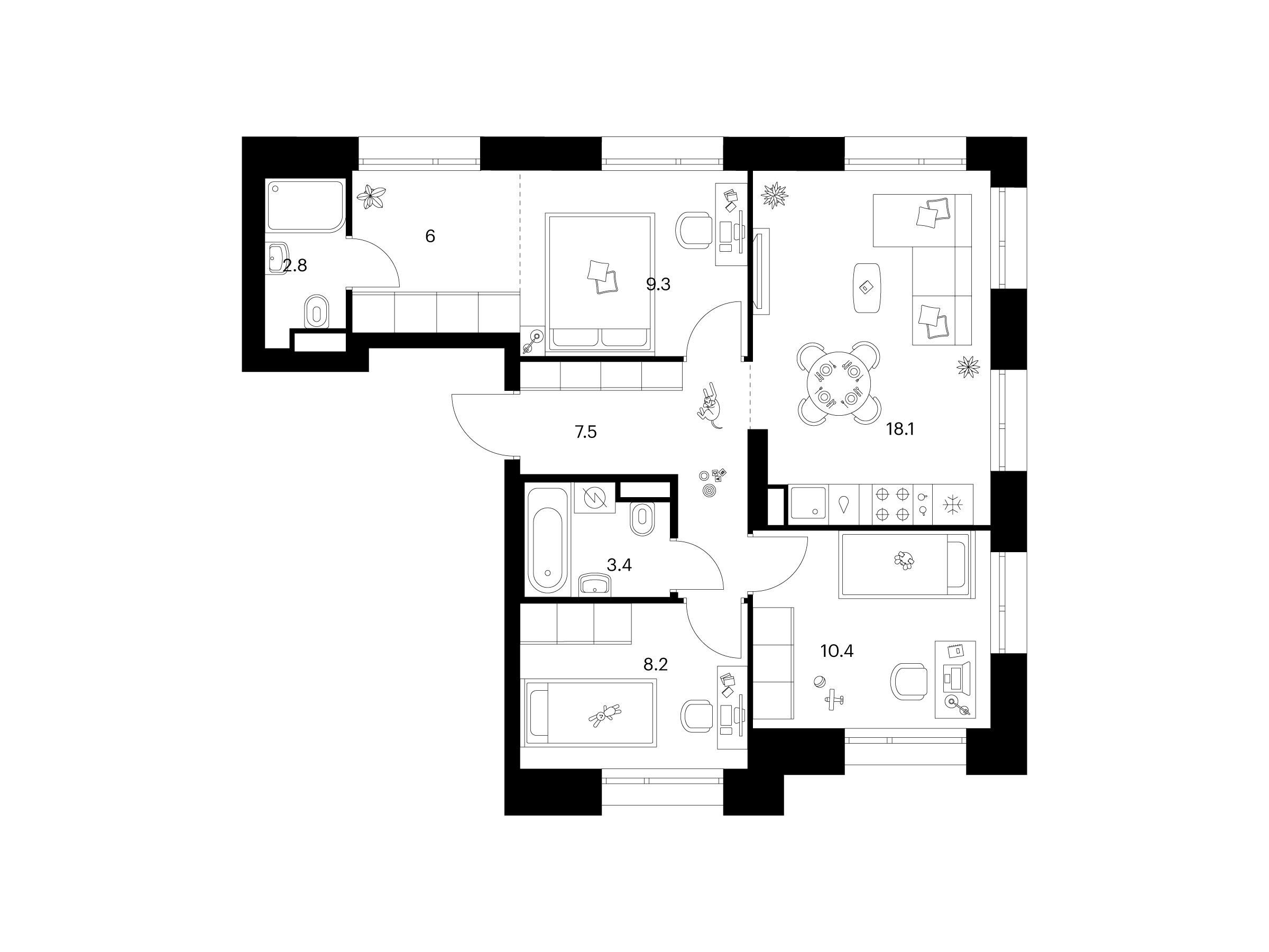 Планировка: 3-комн. квартира 65.70 м² в новостройке Середневский лес