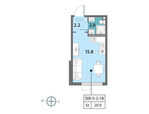 Планировка: Студия 20.90 м² в новостройке ЖК Лучи