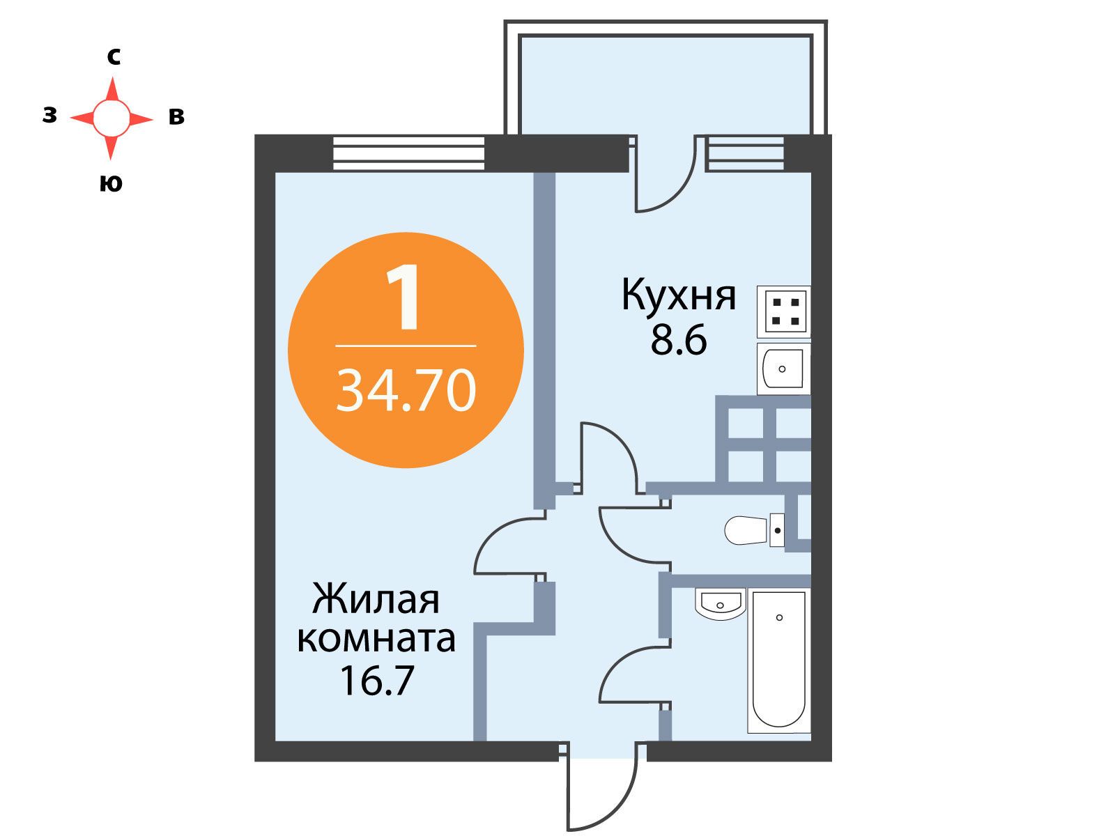 Планировка: 1-комн. квартира 34.70 м² в новостройке Галактика (Новое Девяткино)