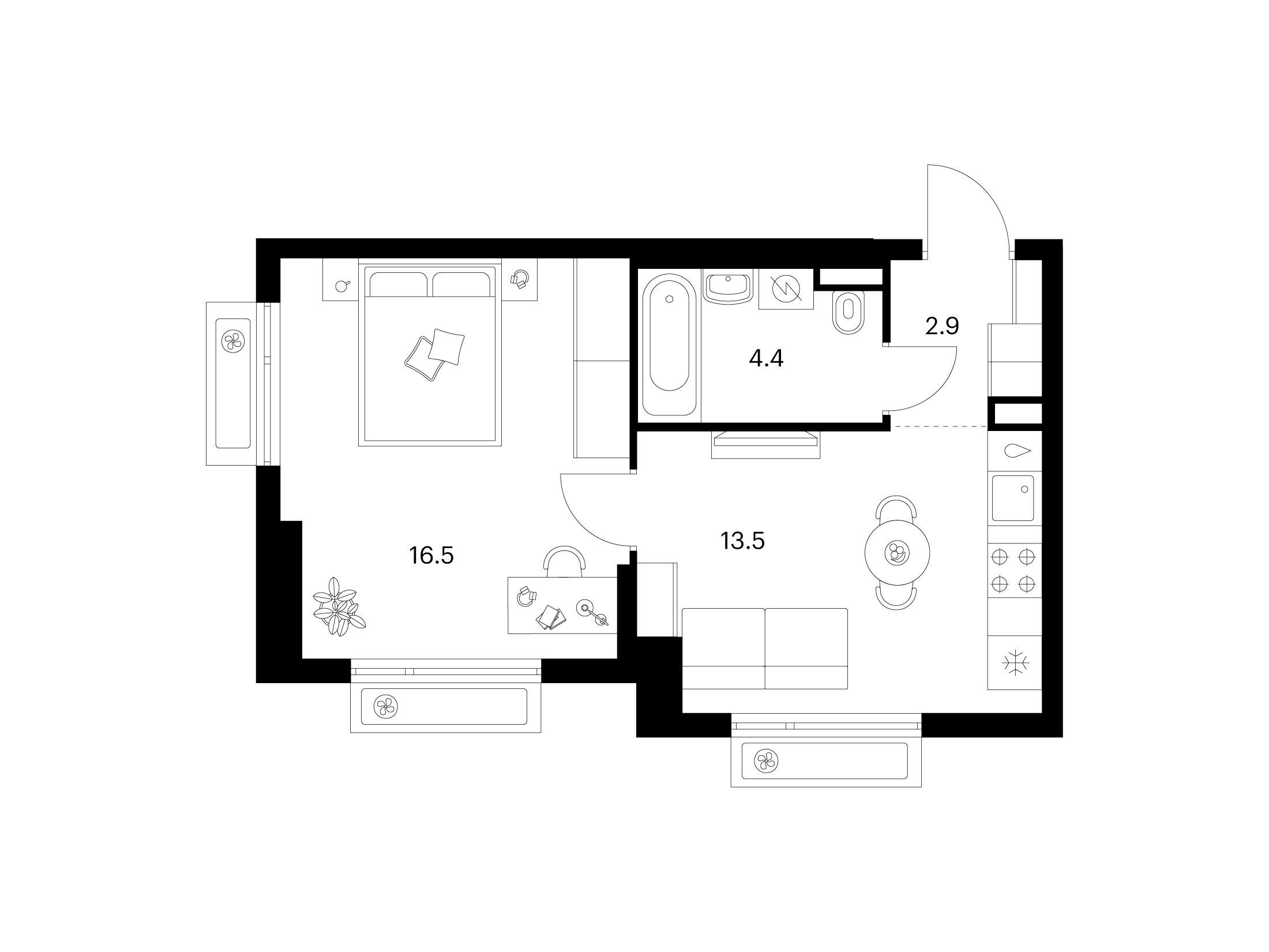 Планировка: 1-комн. квартира 37.30 м² в новостройке Середневский лес