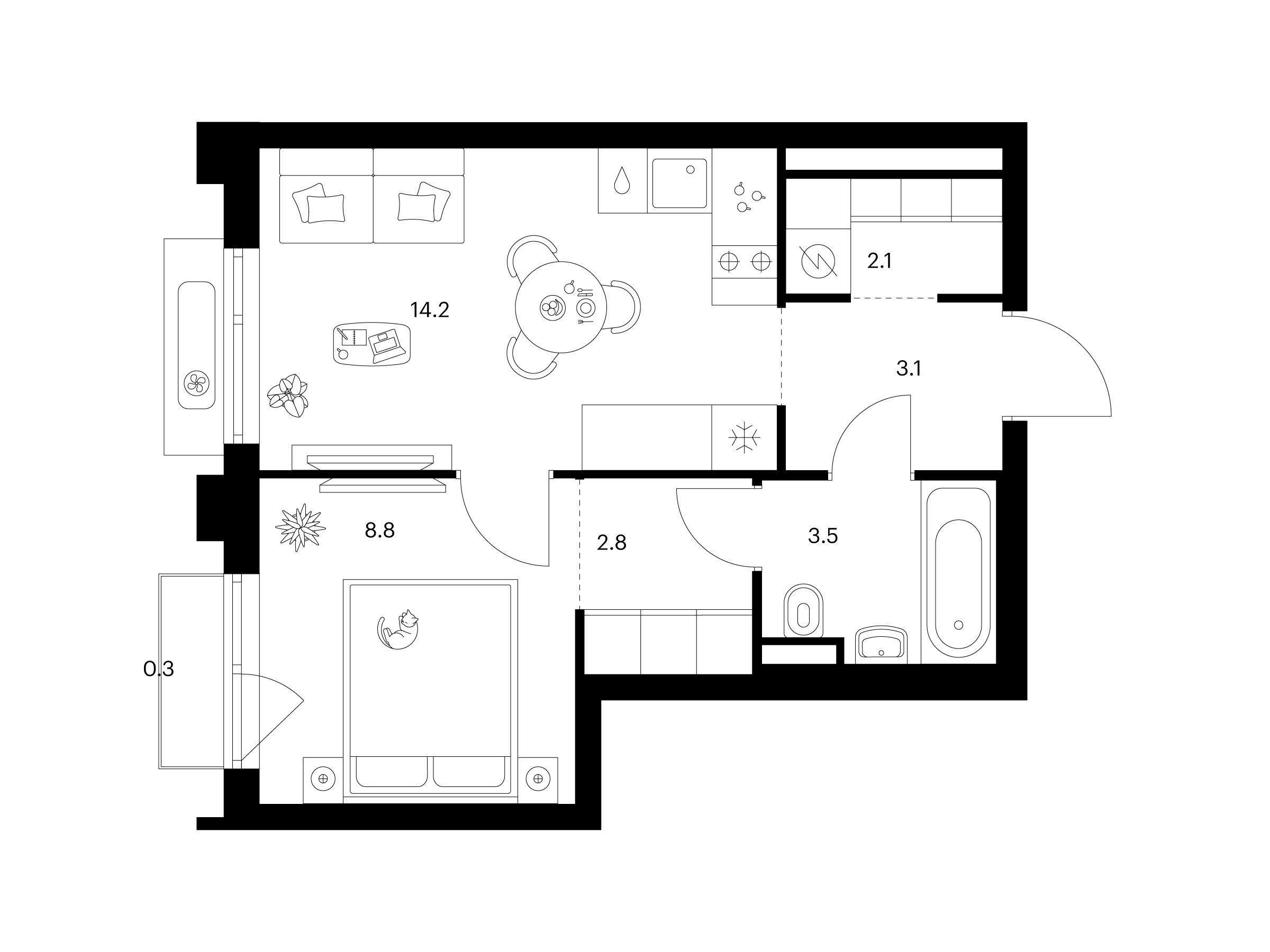 Планировка: 1-комн. квартира 34.80 м² в новостройке Середневский лес