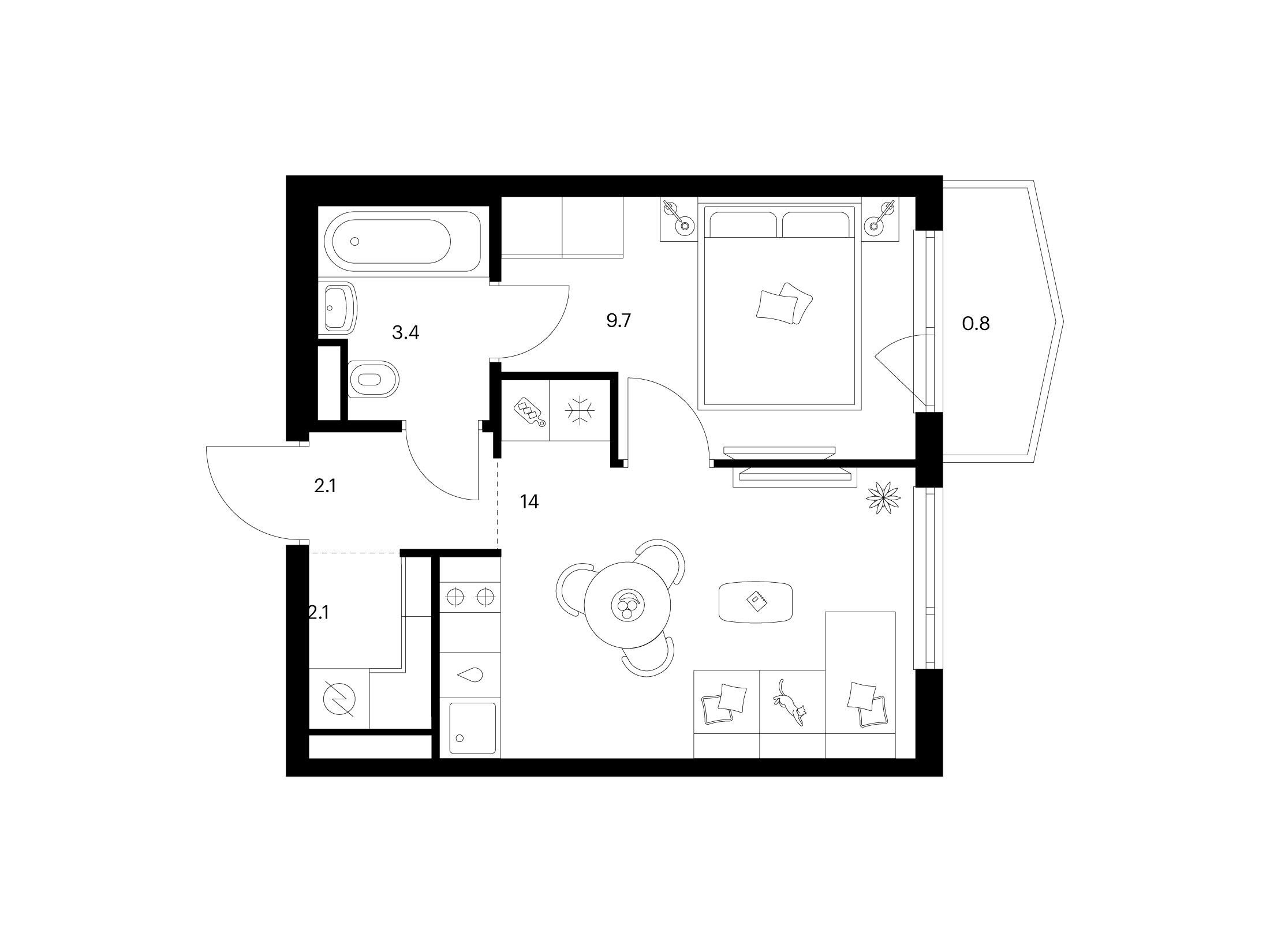 Планировка: 1-комн. квартира 32.10 м² в новостройке Руставели 14