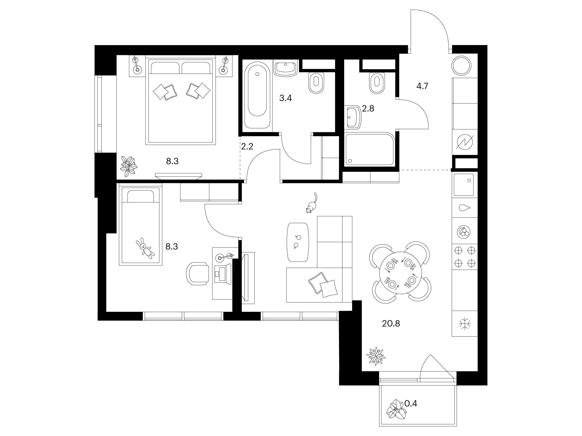 Планировка: 2-комн. квартира 50.90 м² в новостройке Бунинская набережная