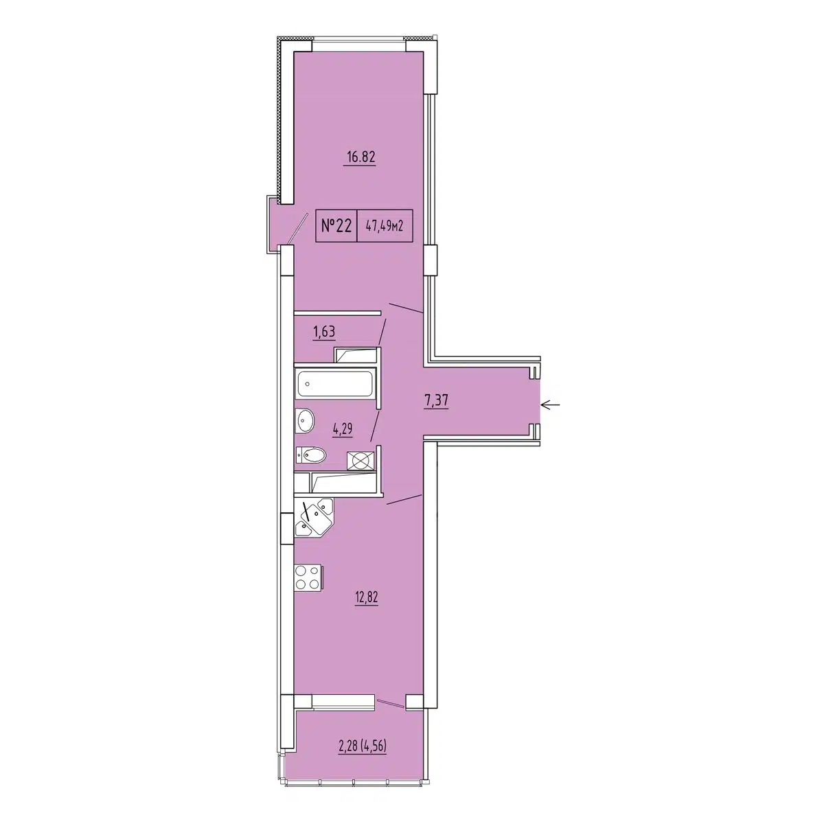 Планировка: 1-комн. квартира 45.21 м² в новостройке ЖК Гриновский