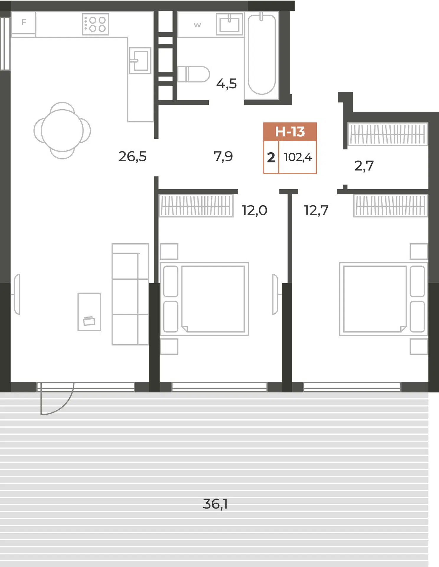 Планировка: 2-комн. квартира 102.40 м² в новостройке Аристократ