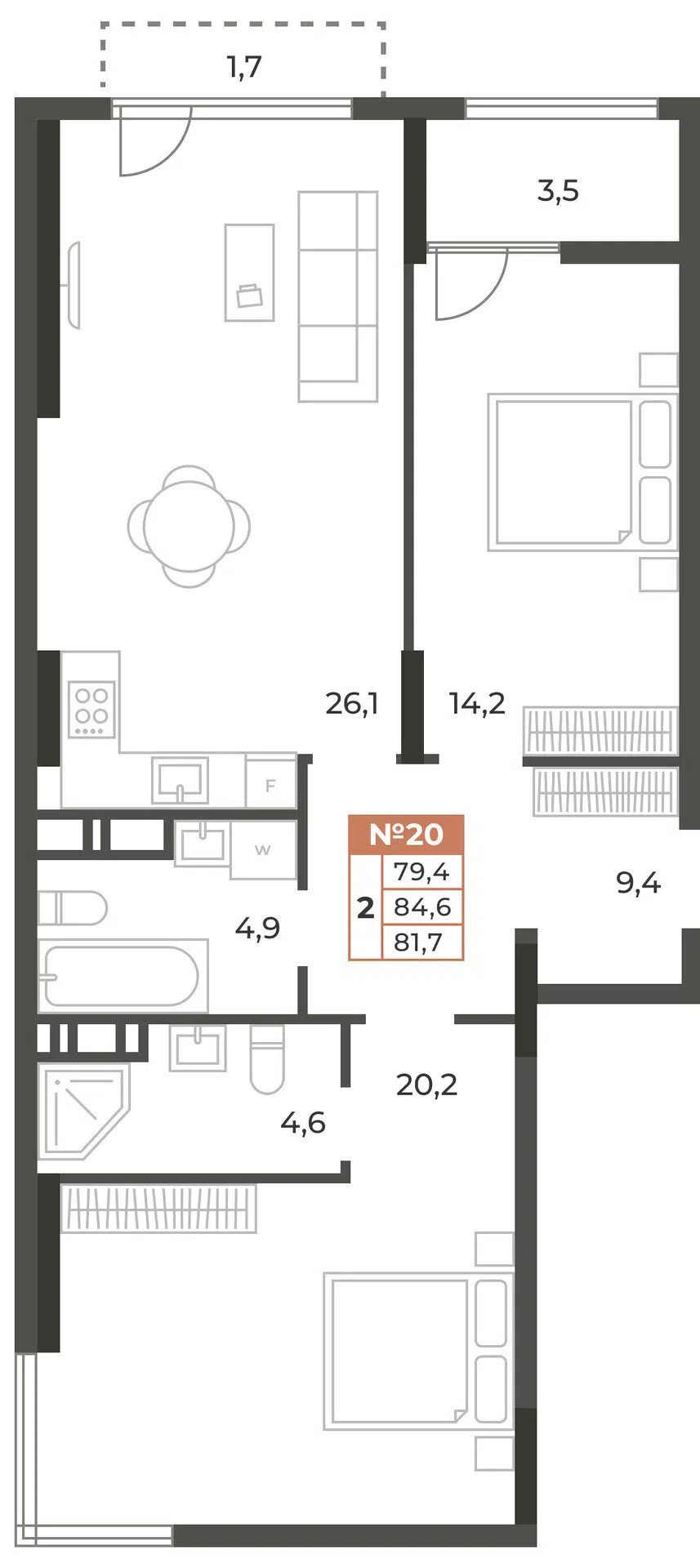 Планировка: 2-комн. квартира 81.70 м² в новостройке Аристократ